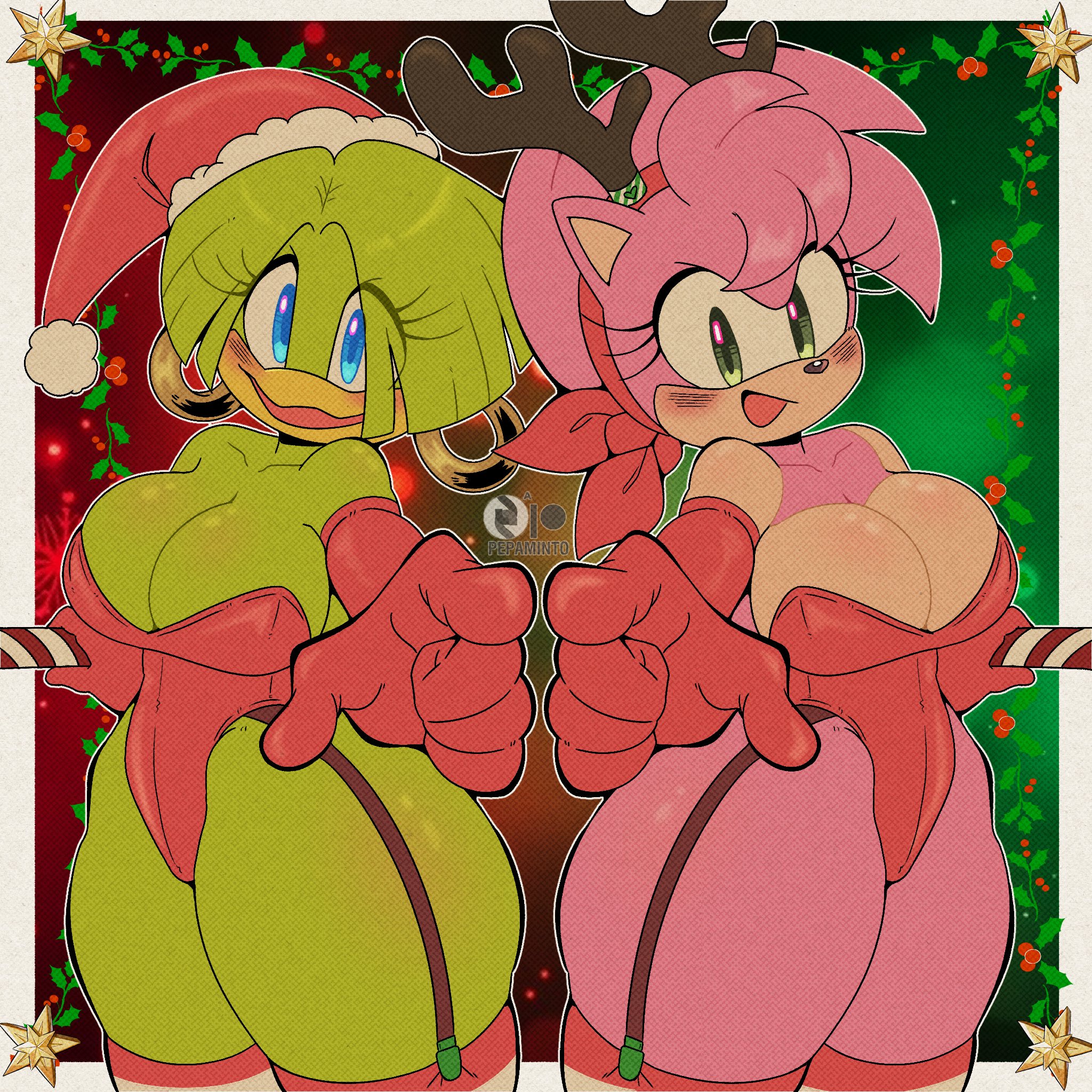 2girls, amy rose, amy rose (fleetway), blue eyes, canon couple, christmas, christmas outfit, fleetway comics, green eyes, large breasts, large thighs, lesbian, lesbians, pepamintop, pink fur, red clothing, sonic (series), sonic the comic, sonic the hedgehog (comics), sonic the hedgehog (series), tekno the canary, yuri