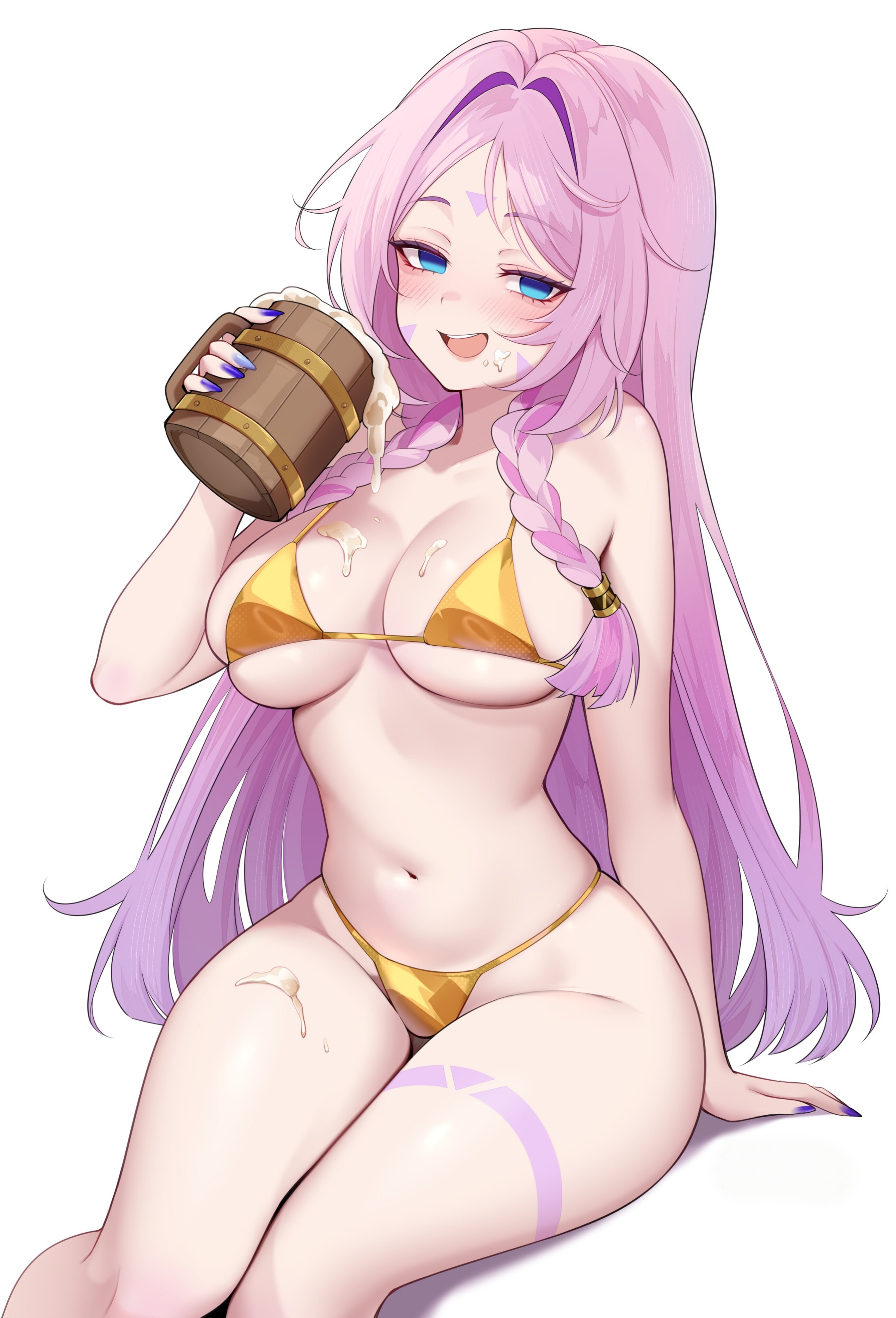 1girls, beer, beer foam, beer mug, bikini, blue eyes, blue nail polish, blue nails, braided hair, breasts, citlali (genshin impact), drunk, drunk blush, drunk female, foam, foam on body, genshin impact, hips, hips wider than shoulders, hourglass body, hourglass figure, hourglass figured female, hoyoverse, imminent rape, leg tattoo, legs, long hair, mihoyo, nail polish, pale, pale body, pale skinned female, pale-skin, pale-skinned female, perfect body, pink hair, pr ponnyan, revealing, revealing clothes, showing, showing body, showing off, slender, slender body, slender build, slender waist, slim body, slim female, slim figure, slim girl, slim torso, slim waist, smiling, thick thighs, thighs, tight bikini, tight clothing, waist, wide hips, yellow bikini