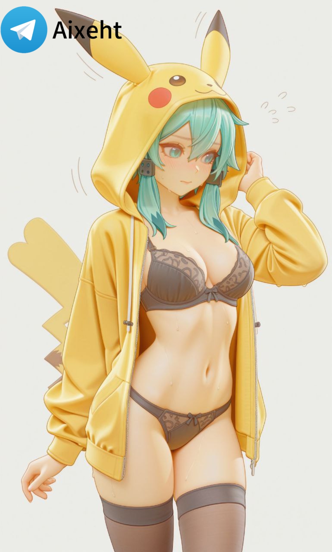 ai generated, anime, blush, bra, cosplay, cowboy shot, fake tail, hood, hood up, medium breasts, navel, panties, pikachu (cosplay), sinon, standing, stomach, sword art online, tail