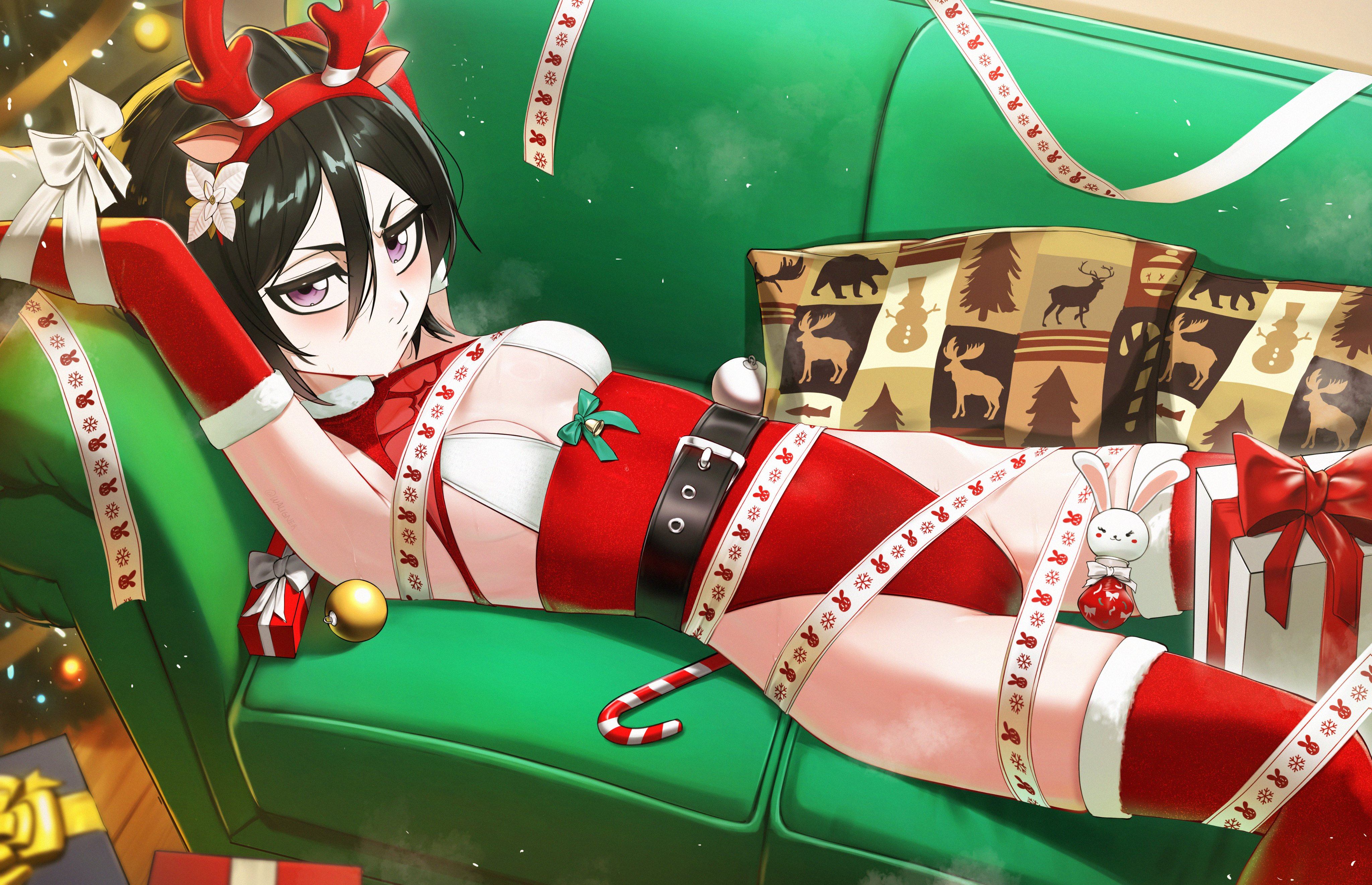 1girls, absurdres, animal ears, antlers, black hair, bleach, breasts, candy, candy cane, christmas present, christmas tree, couch, cushion, deer ears, elbow gloves, fake animal ears, fake antlers, female, female only, food, fur trim, fur-trimmed gloves, fur-trimmed thighhighs, gift, gloves, hair between eyes, highleg, highleg leotard, highres, horns, kuchiki rukia, leotard, lying, on back, on couch, purple eyes, red gloves, red leotard, red thighhighs, reindeer antlers, ribbon, short hair, small breasts, solo, thighhighs, waligner
