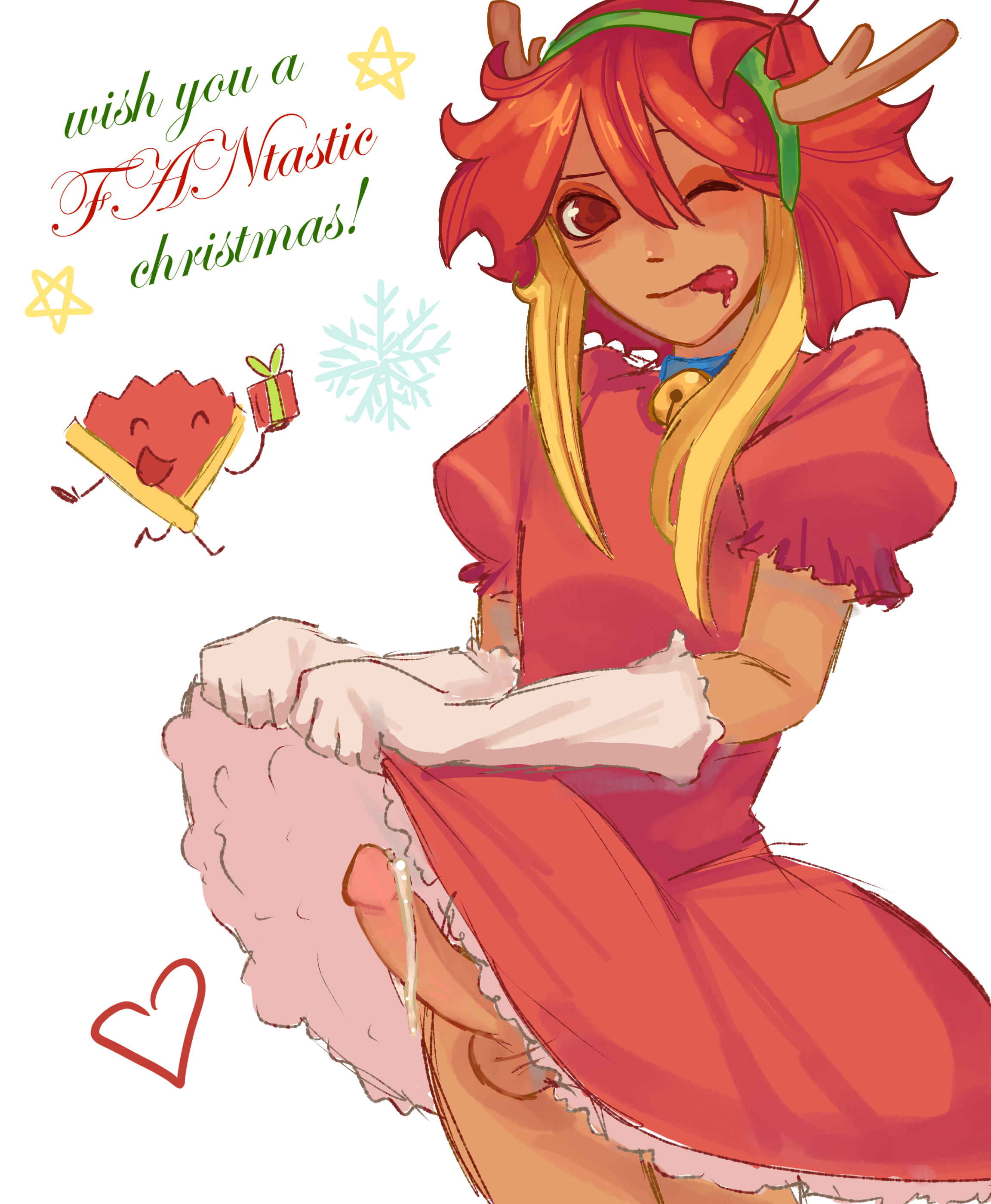 1boy, adamation inc., adamationz, animationepic, bagellil, christmas, christmas outfit, collar, crossdressing, dick, english text, fan (ii), femboy, gay, gijinka, happy, holidays, horn, humanized, humanized object show, ii, inanimate insanity, inanimate insanity (season 2), merry christmas, object show, object show community, object shows, osc, red hair, saliva, semen, sole male, text, tongue, tongue out