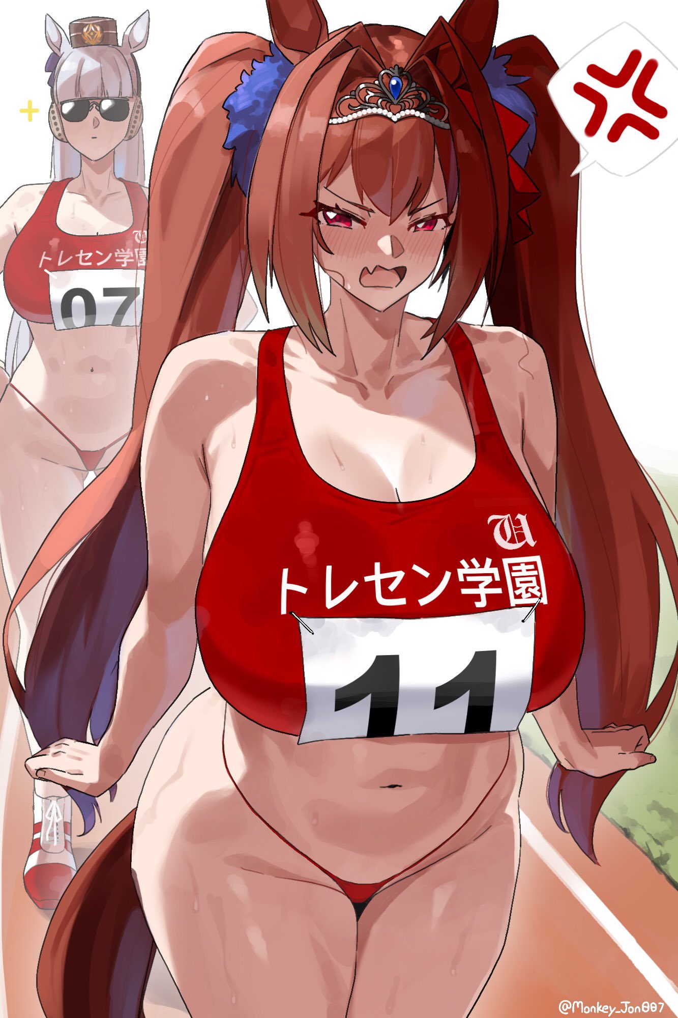 2girls, anger vein, bare shoulders, blush, bow, brown hair, daiwa scarlet (umamusume), female, female only, g-string, gold ship (umamusume), hairbow, hands on hips, hat, horse ears, horse girl, horse tail, japanese text, long hair, monkey jon, oerba yun fang, partially clothed, red eyes, red g-string, sparkles, sunglasses, sweat, tail, tiara, twintails, umamusume, white hair