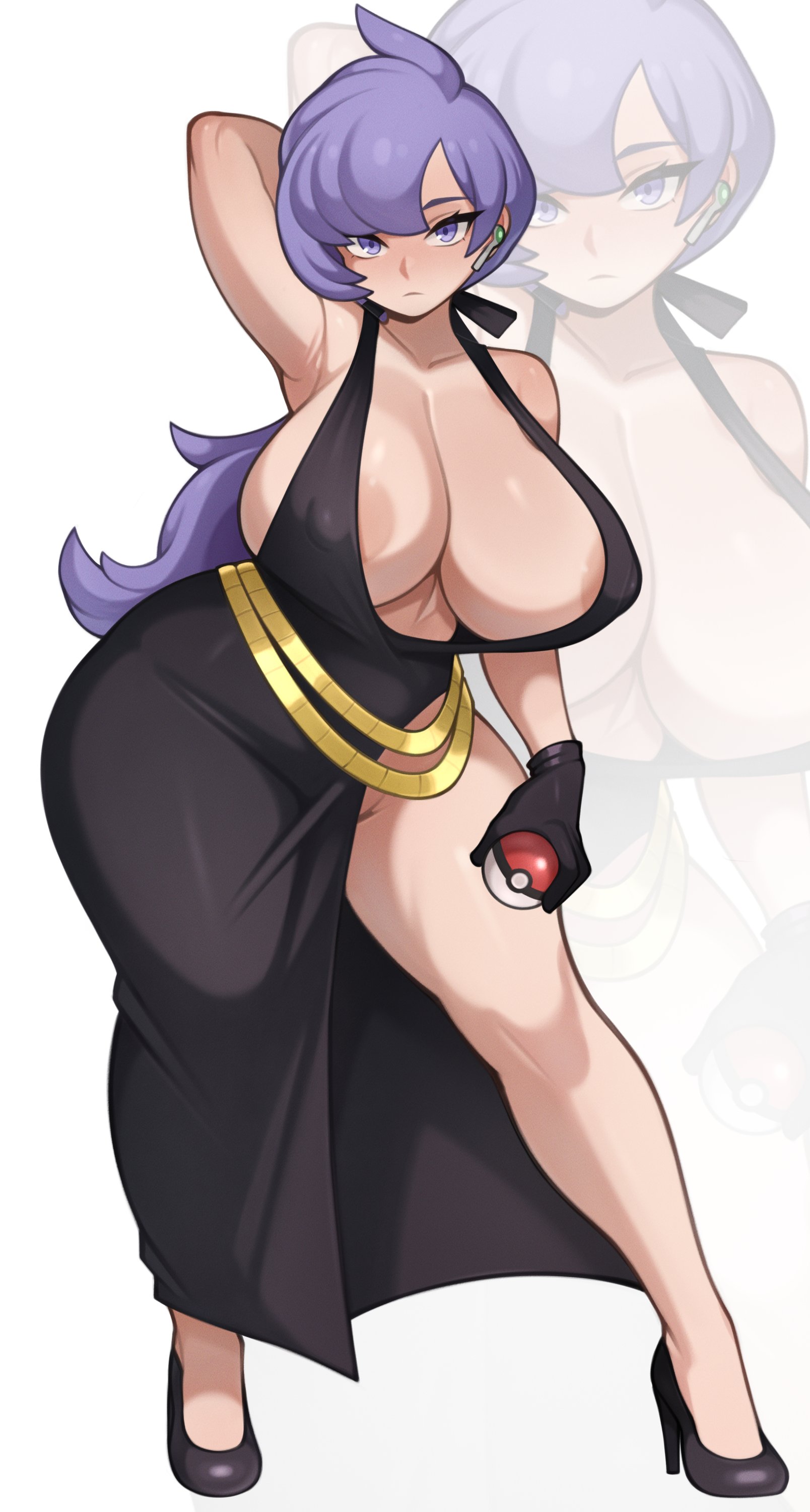 1girls, absurdres, alternate breast size (larger), alternate costume, anabel (pokemon sm), anabel (pokemon), areola slip, arm behind head, arm up, armpits, bare legs, bare shoulders, belly button, belt, big breasts, black dress, black gloves, black shoes, breasts, breasts bigger than head, cleavage, closed mouth, collarbone, commentary, commission, covered nipples, dress, earpiece, english commentary, female, female only, full body, game freak, gloves, gold belt, groin, hand up, heels, high heels, highres, holding, holding poke ball, huge breasts, jewelry, large breasts, light frown, light skin, light-skinned female, lila (pokemon sm), lila (pokemon), long hair, looking at viewer, loose belt, massive breasts, melonpuff, nintendo, no panties, parted bangs, plunging neckline, poke ball, poke ball (basic), pokemon, pokemon emerald, pokemon rse, pokemon sm, pokemon trainer, ponytail, purple eyes, purple hair, shiny skin, shoes, short hair, side slit, sideboob, simple background, single bare leg, sleeveless, sleeveless dress, smile, solo, tagme, thick thighs, thighs, underboob, very long hair, white background, zoom layer