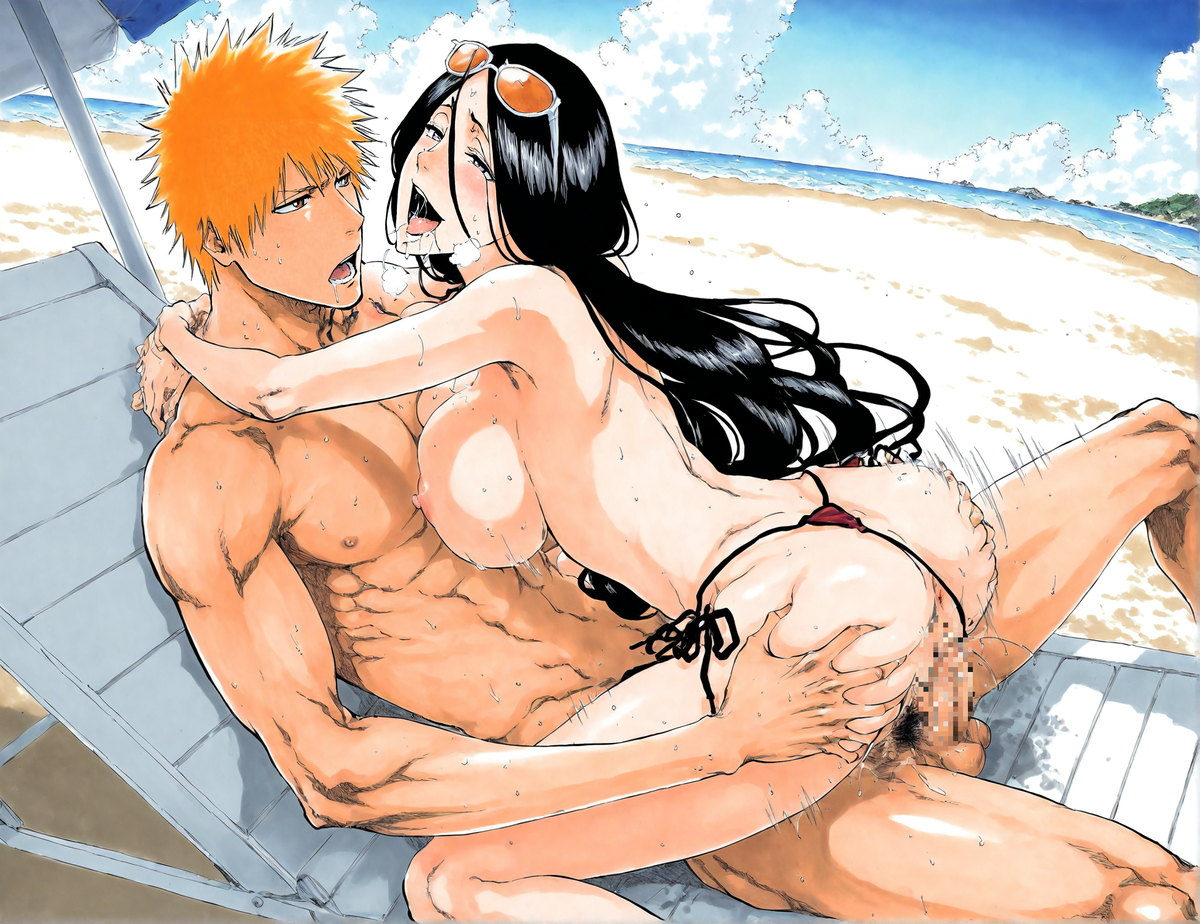 1boy, 1girls, ai generated, anus, ass, big breasts, black hair, bleach, breasts, duo, female, ichigo kurosaki, light-skinned female, light-skinned male, male, milf, noxxi (artist), orange hair, penis, unohana retsu