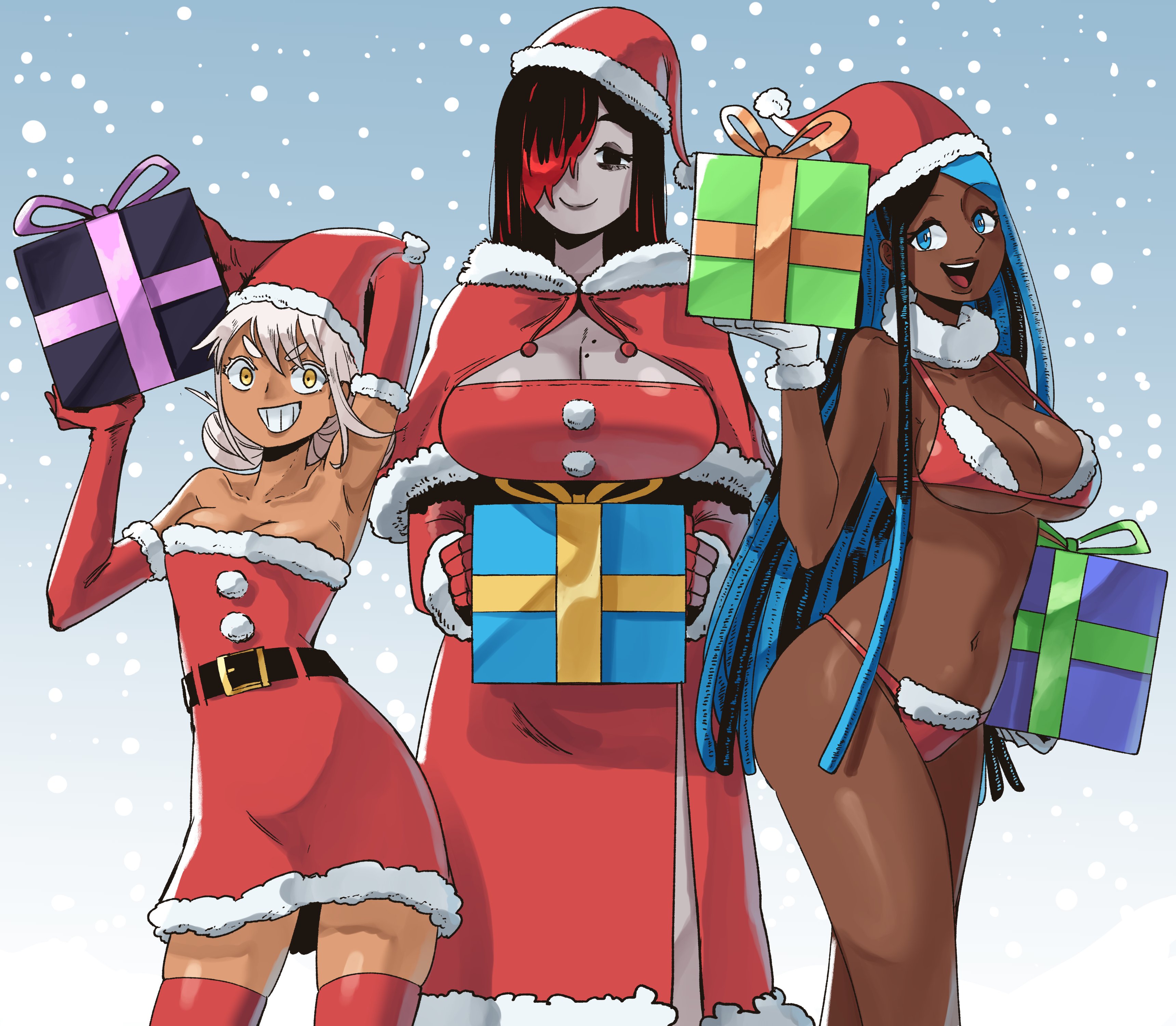 3girls, absurd res, absurdres, ass visible through thighs, beauty mark, beauty mark on breasts, big breasts, big thighs, bikini, bikini bottom, bikini top, black eyes, blue eyes, blue hair, boobs bigger than head, breasts, breasts bigger than head, child bearing hips, christmas, christmas clothing, christmas headwear, christmas outfit, christmas present, curvaceous, curvaceous figure, curvy, curvy figure, dark hair, dark skin, dark-skinned female, deity, dreadlocks, dreads, european mythology, female, female only, genderswap (mtf), gift, gift box, god, goddess, greek, greek female, greek mythology, grey skin, hades (mythology), hair ribbon, height difference, highres, huge boobs, huge breasts, huge hips, huge thighs, large boobs, large breasts, large hips, large thighs, large tits, light skin, light-skinned female, long hair, makeup, mature female, mole, mole on breast, multicolored hair, multiple females, multiple girls, mythology, naked, naked female, nude, nude female, one-piece swimsuit, open mouth, painted nails, pale skin, pale-skinned female, petite breasts, plump breasts, ponytail, poseidon, poseidon (greek mythology), red hair, revealing clothes, revealing outfit, revealing swimsuit, rule 63, santa bikini, santa costume, santa hat, shell bikini, simple background, size difference, skimpy, skimpy bikini, skimpy clothes, skindentation, slim waist, small breasts, smaller female, smile, snow, snowing, swimsuit, swimwear, taller female, thick hips, thick thighs, thighhighs, tits bigger than head, twitter, very dark skin, wanderjegson, white background, white hair, wide hipped female, wide hips, yellow eyes, zeus, zeus (greek mythology)