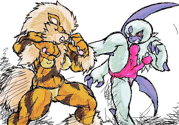 absol anthro anthrofied arcanine breasts clothing female female_only fighting kick muscular_female mutabouru nintendo pokemon pokemon_(species) raised_leg standing tagme violence