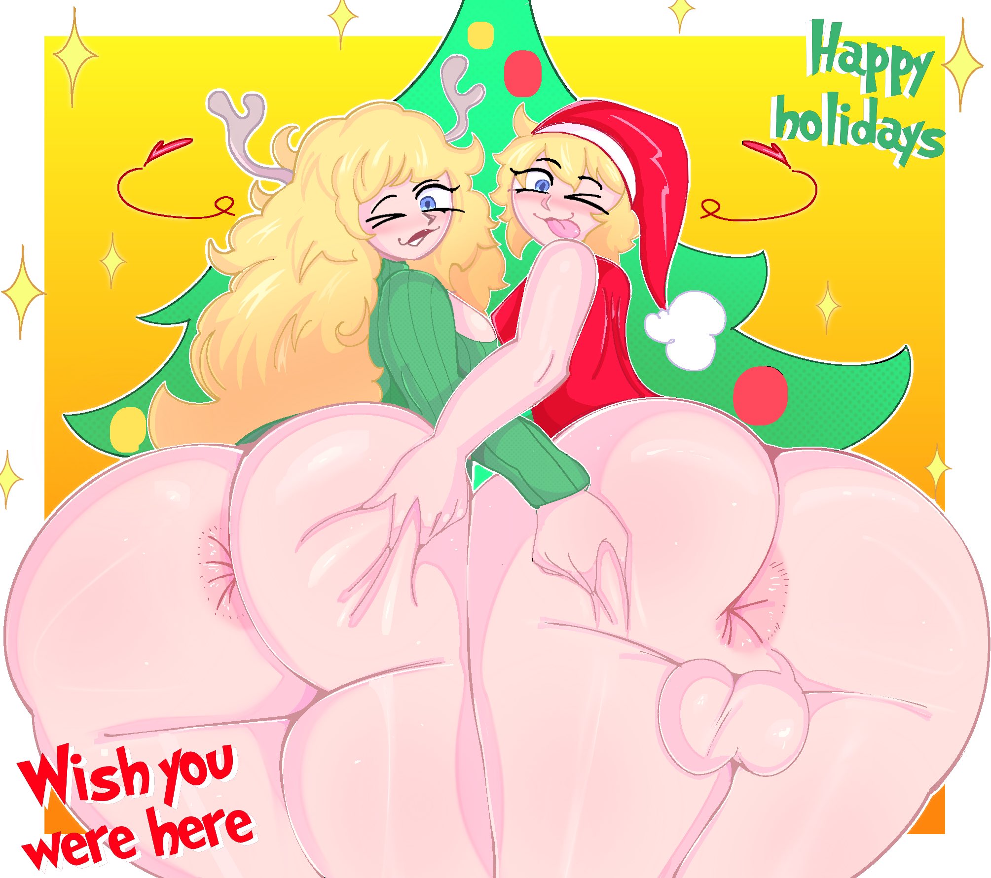 abuhashbrown, anus, areolae peeking, big breasts, blonde female, blonde hair blue eyes, blonde pubic hair, blue eyes female, blue eyes male, bottomless female, bottomless femboy, bottomless male, breast cutout, christmas, christmas ornaments, christmas tree, commission, femboy, genderswap, grabbing another's ass, grabbing ass, green sweater, happy holidays, heart symbol, lipstick, long hair female, mary (star wars (marvel 1977)), one eye closed, presenting ass, red leotard, reindeer antlers, rule 63, santa hat, short hair femboy, short hair male, star wars, star wars (marvel 1977), star wars legends, testicles, tounge out, wide hipped female, wide hipped male, wide hips, winking at viewer