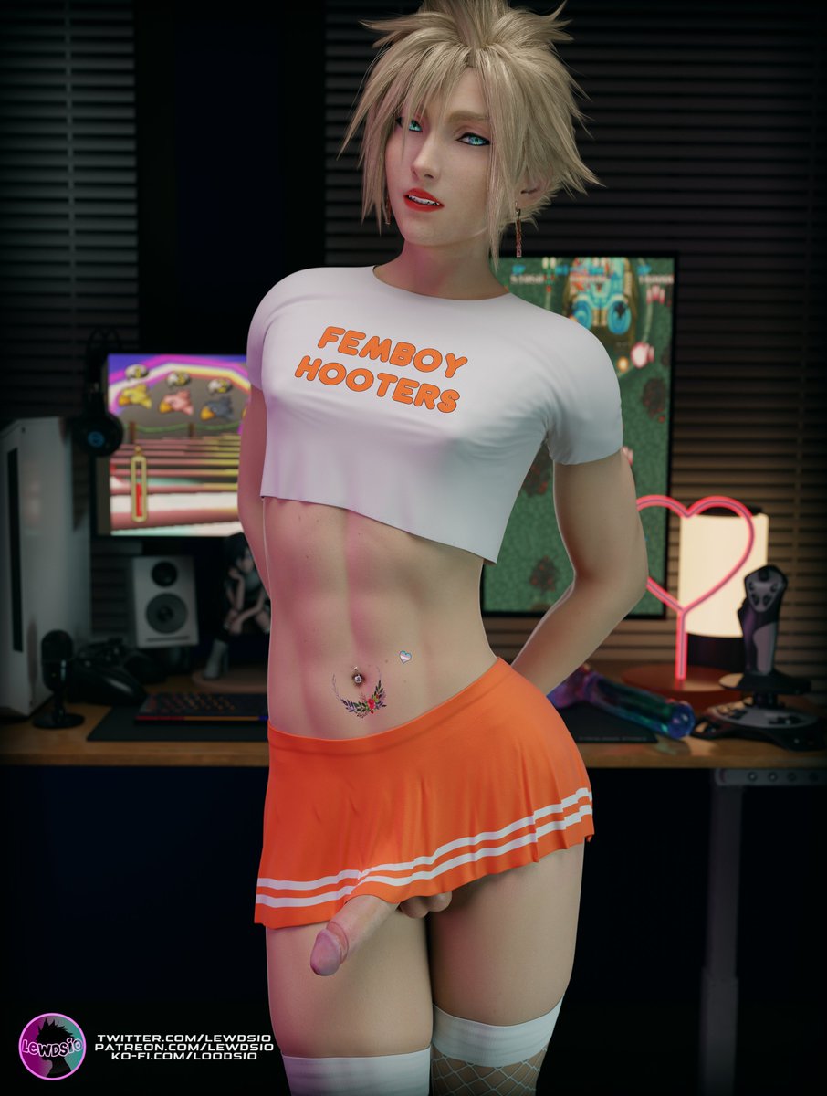 1boy, 3d, 3d (artwork), abs, artist logo, belly tattoo, blonde hair, clothed, clothed male, cloud strife, crop top, femboy, femboy hooters, femboy only, feminine male, final fantasy, final fantasy vii, final fantasy vii remake, fishnet legwear, fishnet stockings, gaming console, gaming controller, gaming room, lewdsio, lipstick, male, male only, miniskirt, monitor, navel piercing, navel tattoo, penis, penis peek, penis under skirt, piercing, skirt, solo, solo male, spiked hair, square enix, stockings, tattoo, white fishnets