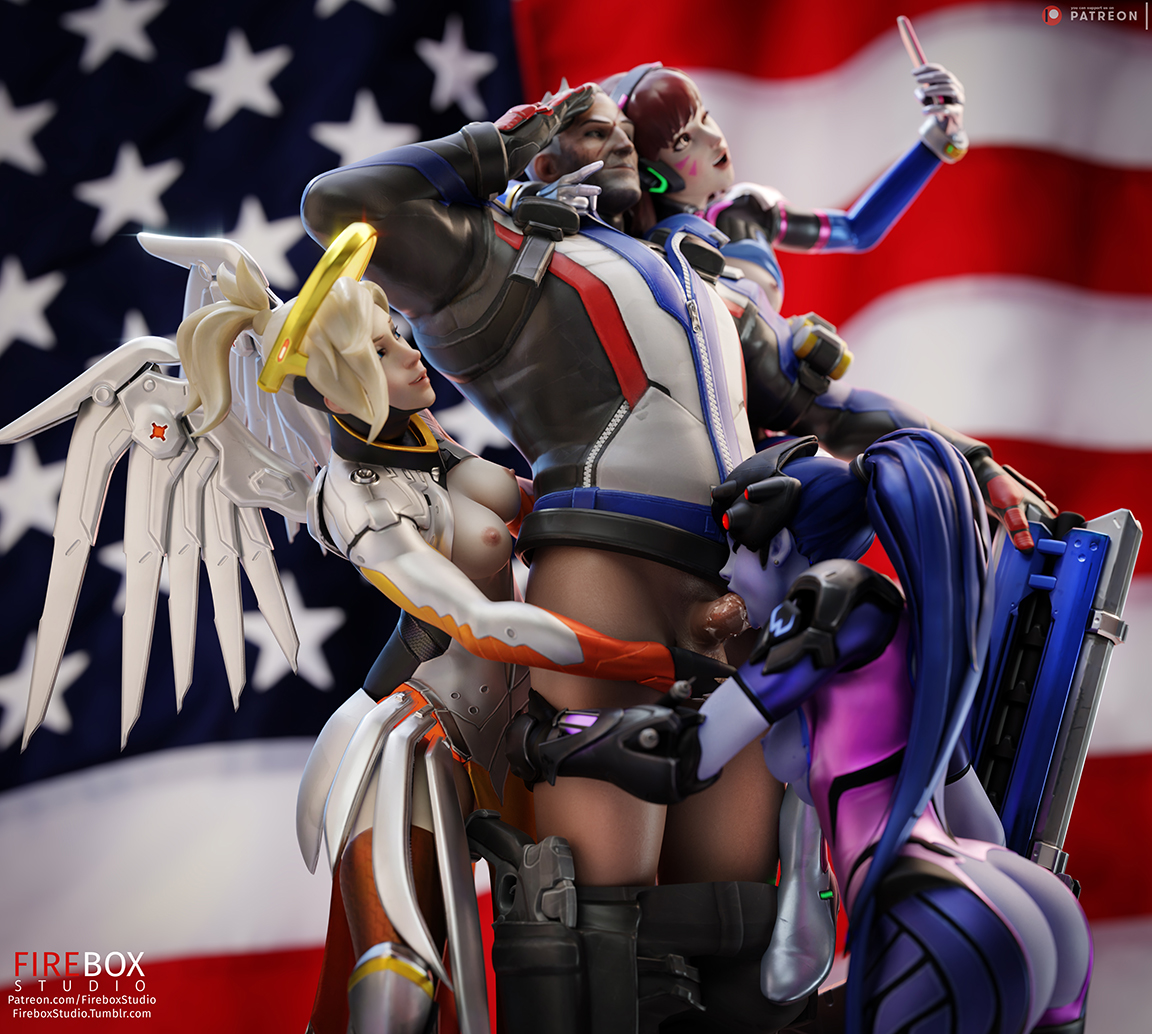 1boy, 3d, 3girls, age difference, amelie lacroix, angela ziegler, areolae, ass, blender, blizzard entertainment, breasts, d.va, erection, fellatio, female, fireboxstudio, hana song, harem, male, mercy, multiple females, multiple girls, nipples, oral, overwatch, patreon username, penis, pimp, soldier 76, straight, tumblr username, widowmaker