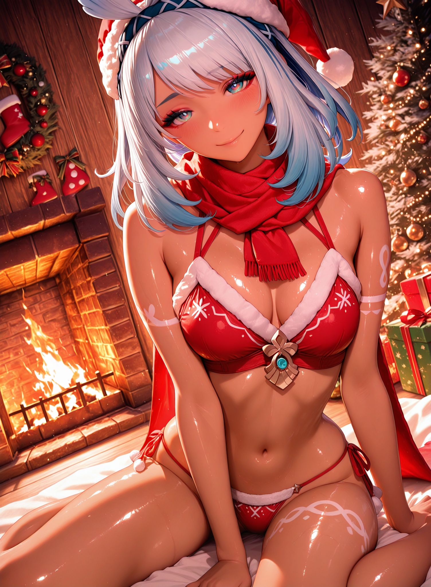 1girls, 2025, ai generated, anatomically correct, blue hair, bra, chimney, christmas, christmas clothing, christmas hat, christmas headwear, christmas outfit, christmas present, christmas tree, cozy, curvy, curvy body, curvy female, curvy figure, dark skin, dark-skinned female, dim lighting, dutch angle, eyelashes, eyeshadow, female only, fire, fit, fit female, flat belly, front view, genshin impact, high quality, high resolution, highres, hoyoverse, lovely, medium breasts, medium hair, merry christmas, mihoyo, mualani (genshin impact), natlan girls, navel, panties, scarf, seductive, seductive eyes, seductive look, seductive smile, shiny skin, skinny, skinny female, slim, slim waist, solo, solo female, sparkling eyes, stable diffusion, stomach, string panties, tanned, tanned body, tanned female, tanned skin, tribal, tribal markings, tribal tattoo, underwear, wooden wall, yamatohentaiai