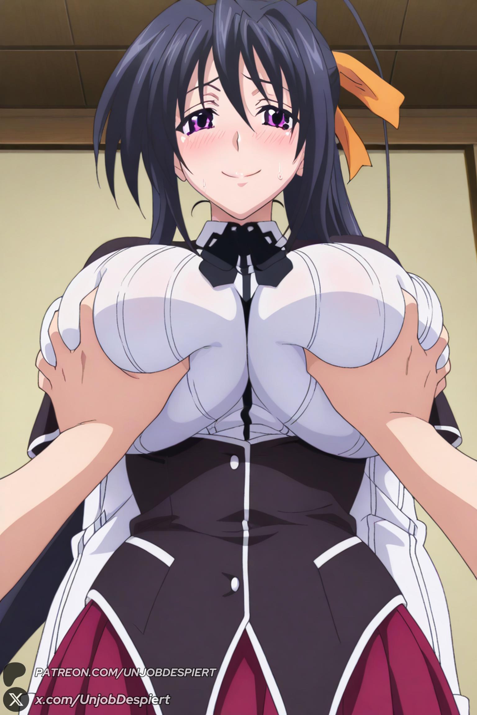 1boy, 1female, 1girls, 2025, ai generated, akeno himejima, artist name, big ass, big breasts, black hair, blush, breast grab, breasts, curvy, deep skin, female, grabbing, groping, hair ribbon, hi res, high quality, high resolution, high school dxd, highres, himejima akeno, huge ass, huge breasts, large breasts, long hair, looking at viewer, patreon, patreon username, ponytail, pov, purple eyes, ribbon, school uniform, skirt, smile, solo focus, straight, unjobdespiert, watermark