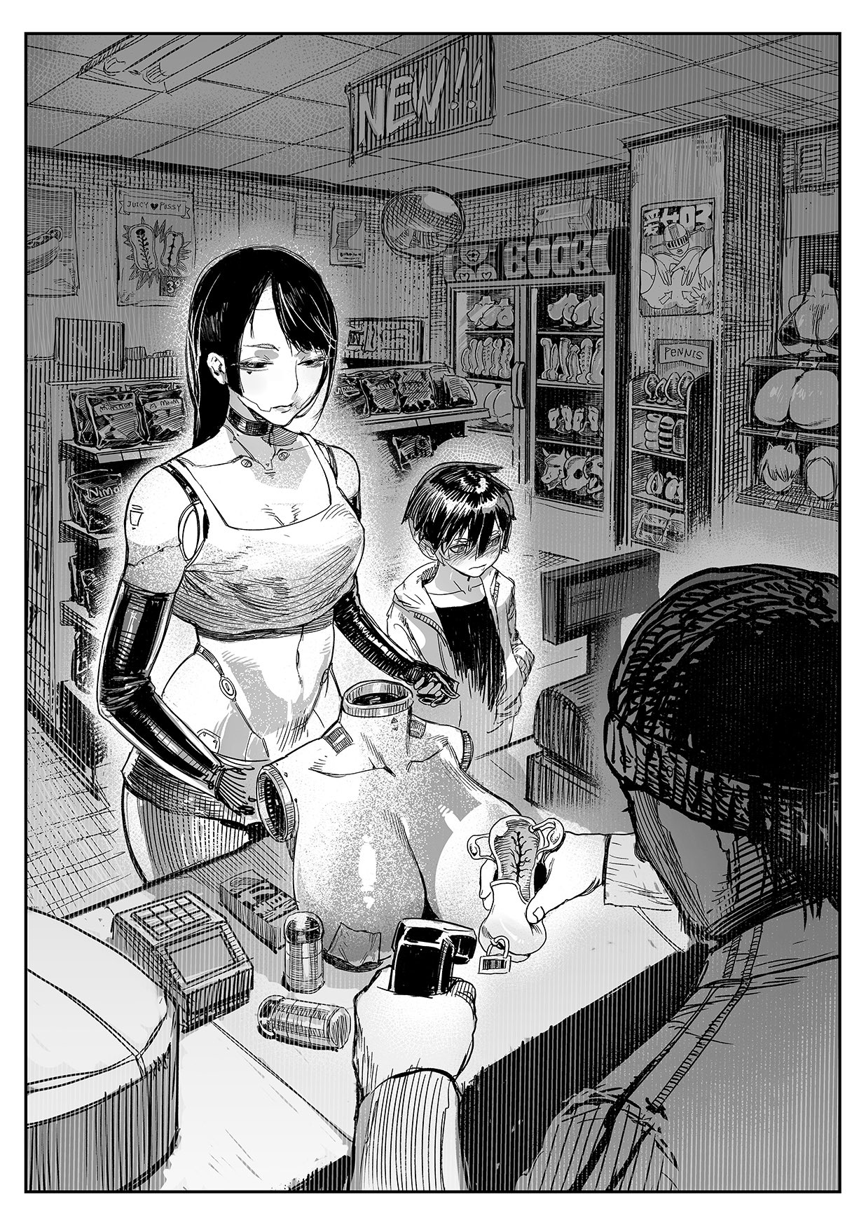 1girls, 2girls, black and white, black hair, blush, breasts, clothing, hips, holding object, huge breasts, large breasts, larger female, navel, original, robot girl, sitakiding, text, thighs