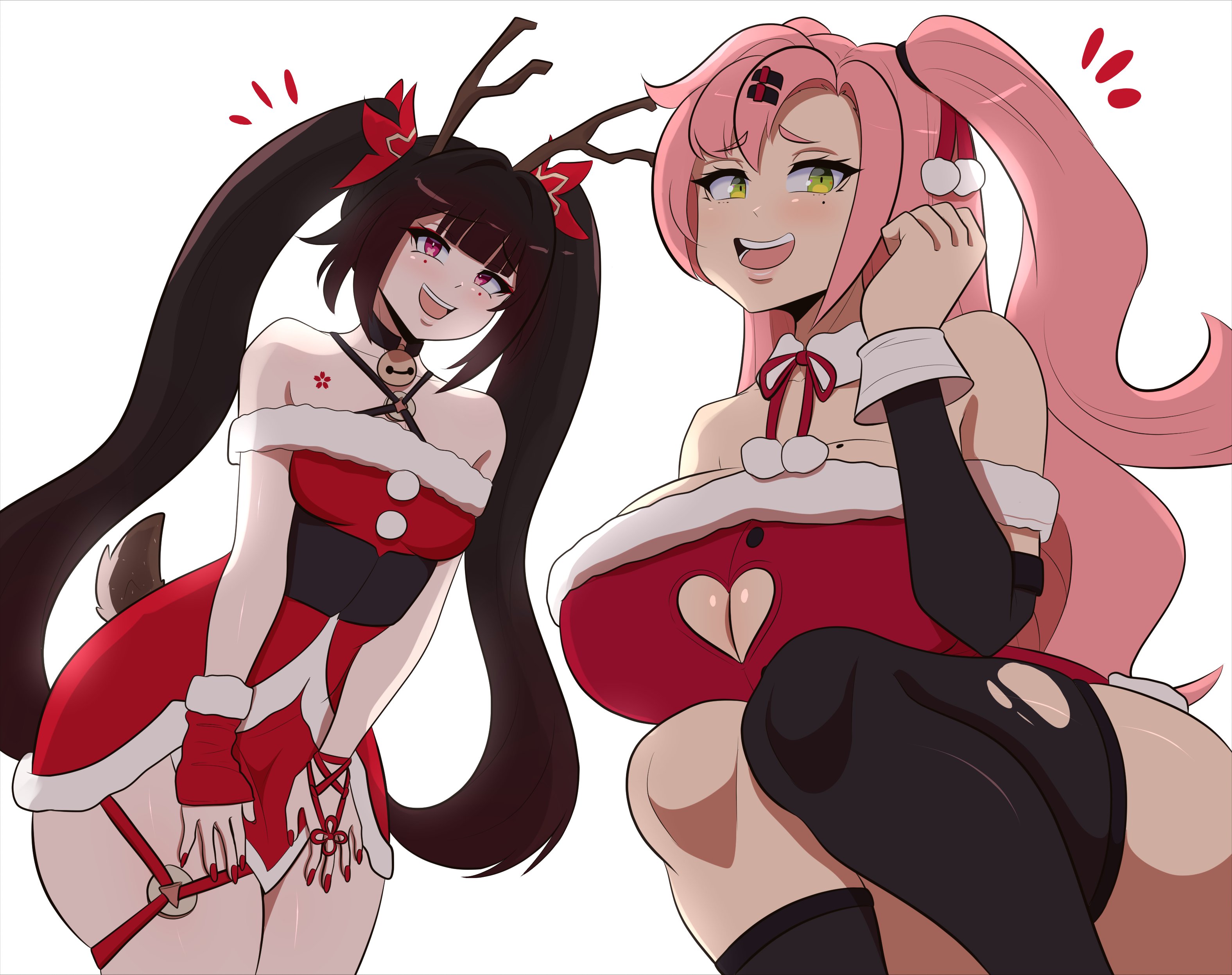 2girls, breasts, christmas, female, female focus, female only, honkai: star rail, kinathefox, large breasts, light skin, light-skinned female, looking at viewer, nicole demara, sparkle (honkai: star rail), thick thighs, thighs, wide hips, zenless zone zero