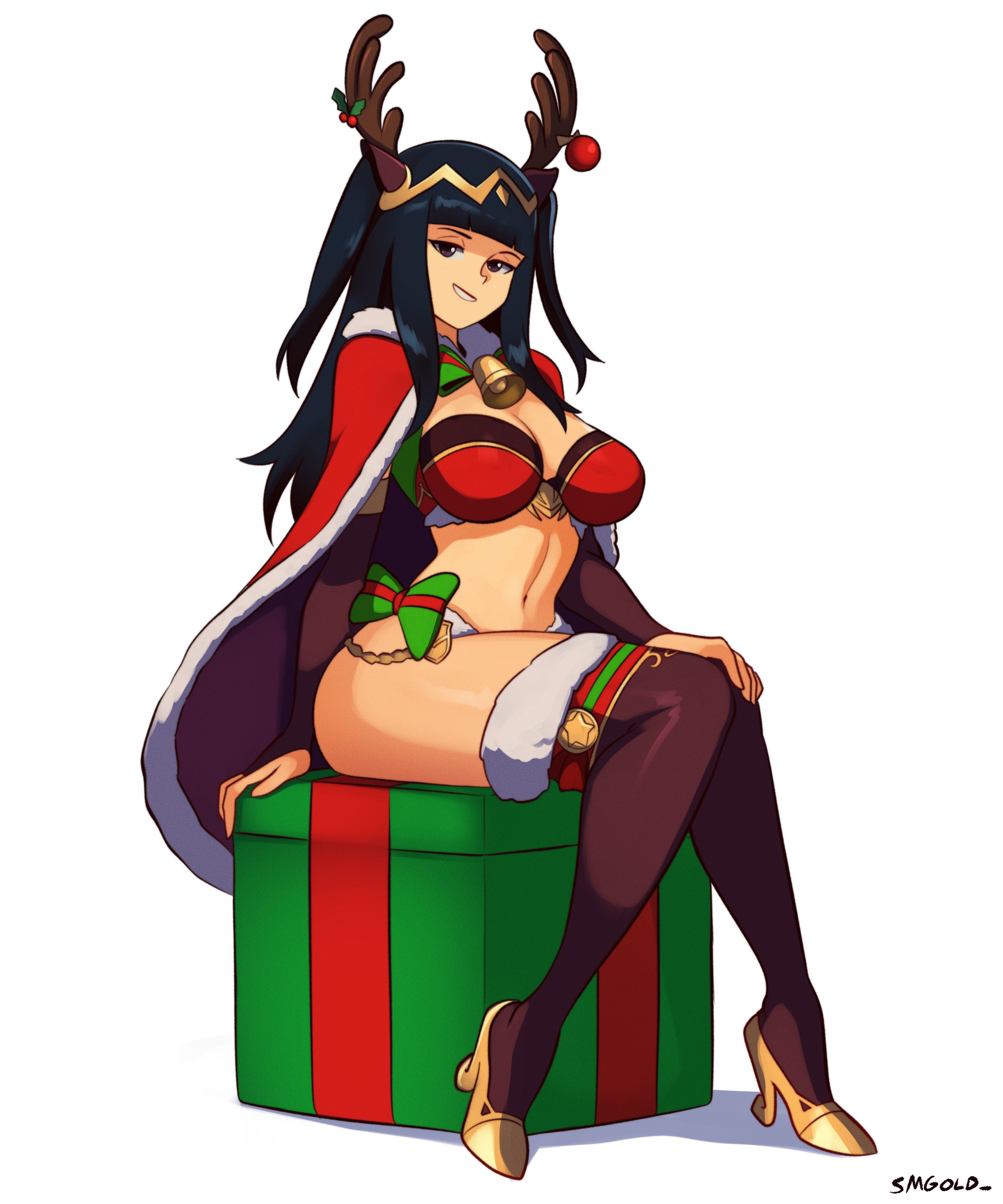 absurdres, artist name, bell, bikini, black hair, blunt bangs, box, breasts, brown eyes, cape, commentary, english commentary, fake antlers, female, female only, fire emblem, fire emblem awakening, fire emblem heroes, full body, gift, gift box, grin, high heels, highres, large breasts, navel, neck bell, nintendo, official alternate costume, on box, red cape, santa bikini, santa costume, sitting, sitting on box, smgold, smile, solo, stomach, swimsuit, tharja ("normal girl") (fire emblem), tharja (fire emblem), thick thighs, thighhighs, thighs, white background