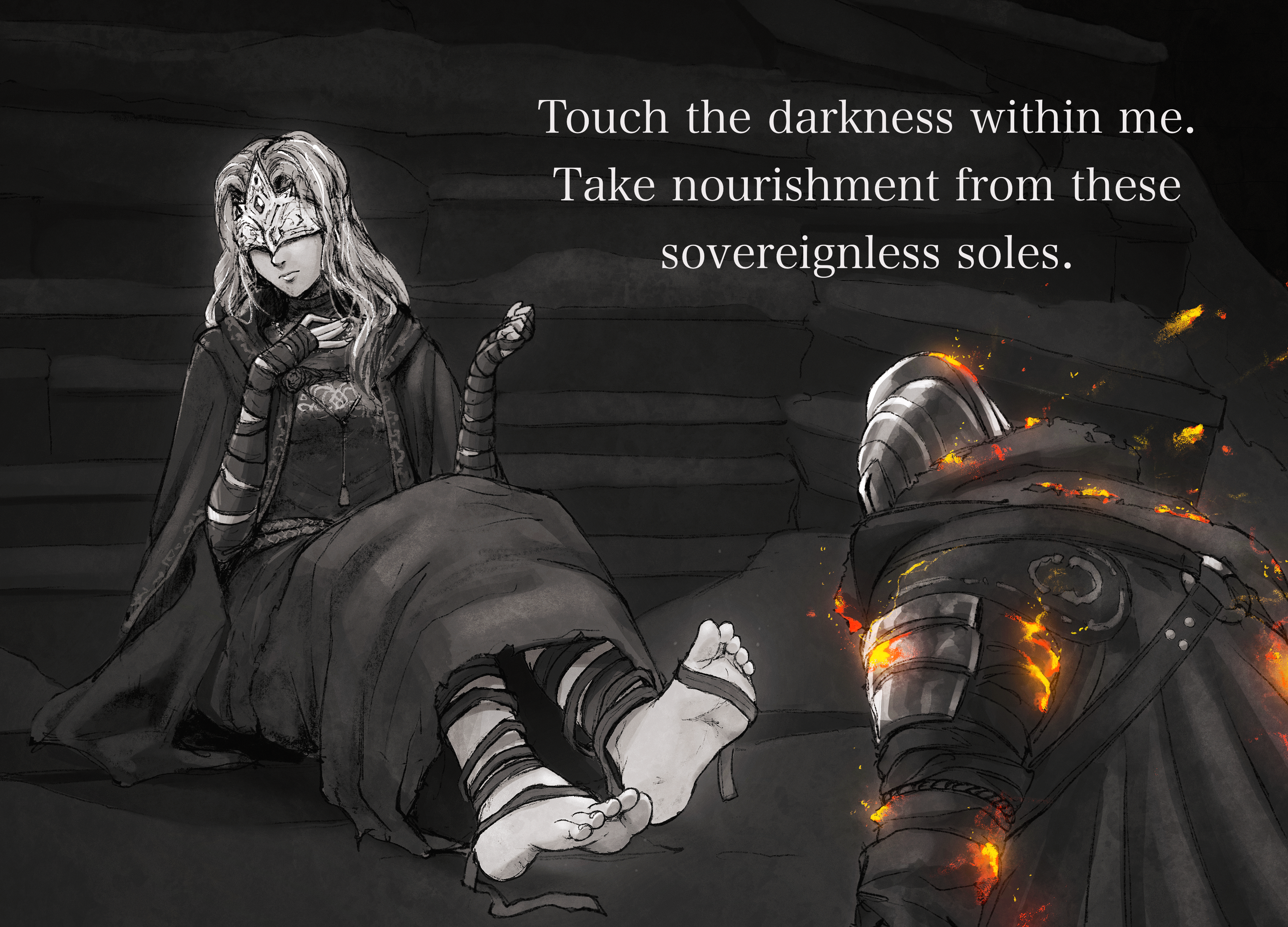 1boy, 1girls, ashen one, bandaged arm, bandaged leg, barefoot, capelet, covered eyes, dark souls, dark souls 3, dress, english dialogue, english text, eye mask, feet, female, fire keeper, foot fetish, foot focus, fromsoftware, fully clothed, fully clothed female, fully clothed male, grey hair, imminent footjob, knight, knight armor, lewdsaiga, long hair, mask, ornate clothing, sitting, soles, toes