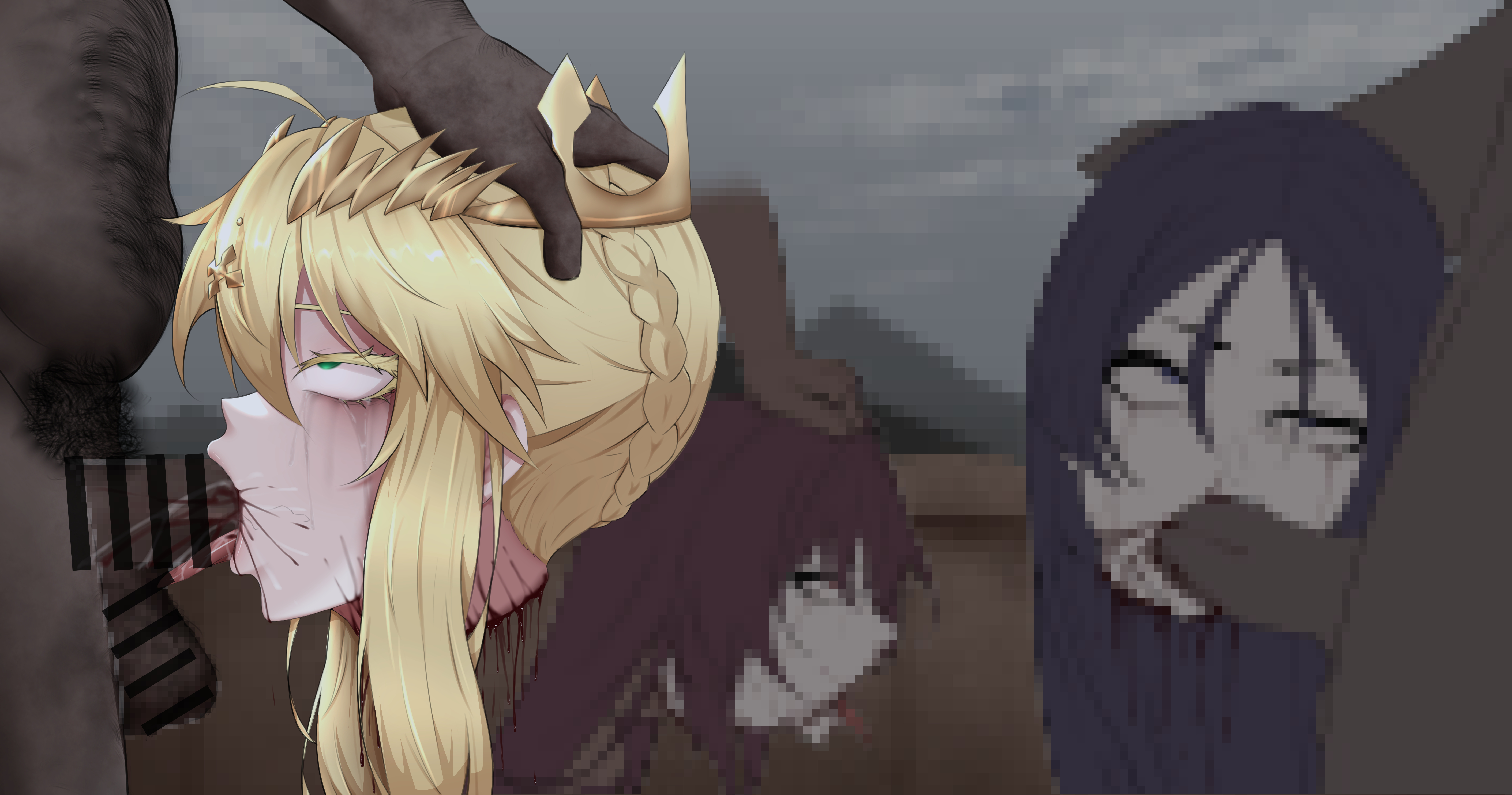artoria pendragon, artoria pendragon (lancer), blood, blowjob, censored, corpse, dark-skinned male, dead female, death, decapitated head, decapitation, fate (series), fate/grand order, female, female death, gore, guro, male, minamoto no raikou (fate/grand order), multiple girls, multiple males, multiple penises, necrophilia, penis, scathach (fate), severed head, skull fucking, snuff, straight, trash (artist)