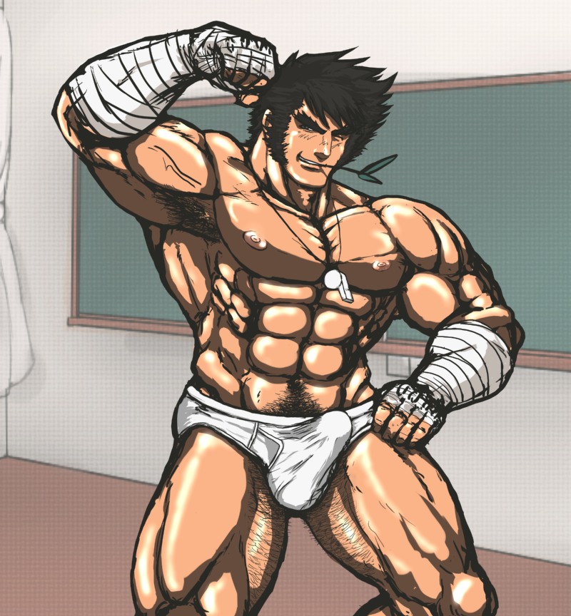 blackboard capcom classroom flexing front_view hayato_nekketsu huge_muscles human indoors male male_only pubic_hair rival_schools solo standing tagme tian_wo_mo_jiuer topless underwear white_briefs white_underwear