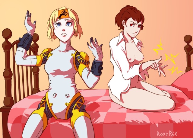 aegis_(persona) aigis_(persona) annoyed breasts clothing female human injury kotone_shiomi partially_undressed persona persona_3 persona_3_portable roxyrex warning_label yuri