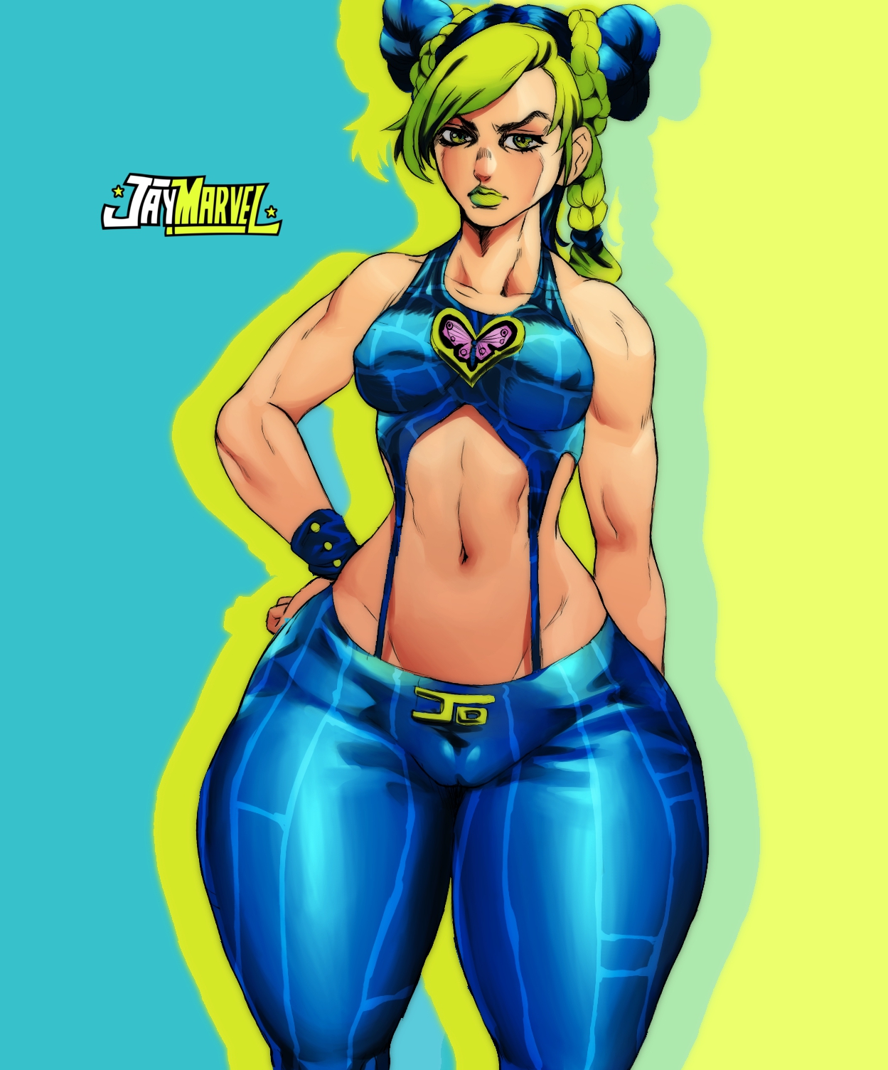 1girls, 2021, ass, big ass, big breasts, blue hair, bottom heavy, breasts, cameltoe, child bearing hips, curvaceous, curvy, female, female focus, female only, green eyes, green hair, green lips, green lipstick, hips, huge ass, jay-marvel, jojo's bizarre adventure, jolyne kujo, looking at viewer, midriff, multicolored hair, muscular, muscular female, pinup, pussy, shounen jump, solo, solo female, stone ocean, thick thighs, thighs, thunder thighs, toned, toned female, two-tone hair, watermark, wide hips