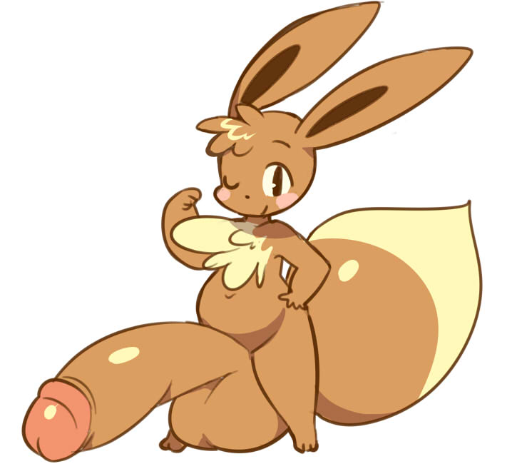 anthro, balls, bangs, big balls, big penis, big tail, body hair, brown body, brown fur, chest hair, cub, eevee, fur, genitals, huge balls, huge cock, hyper, hyper balls, hyper genitalia, hyper penis, long ears, male, male cub, male focus, male only, male solo, nintendo, nude, nude male, penis, pokémon (species), pokemon, pokemon (species), size difference, small but hung, smile, solo, solo male, spica (artist), video games, young