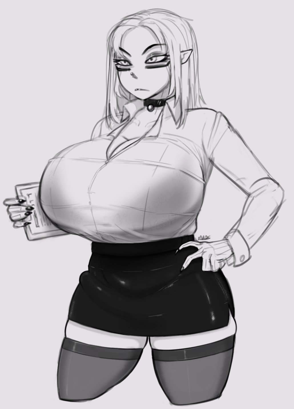 1girls, bora (madslads), bra, bra visible through clothes, breasts, button down shirt, cleavage, clothed, cup, female, female only, fully clothed, half-closed eyes, huge breasts, humanoid, madslads, mostly nude, office, office lady, pencil skirt, see-through, solo, standing, thighhighs