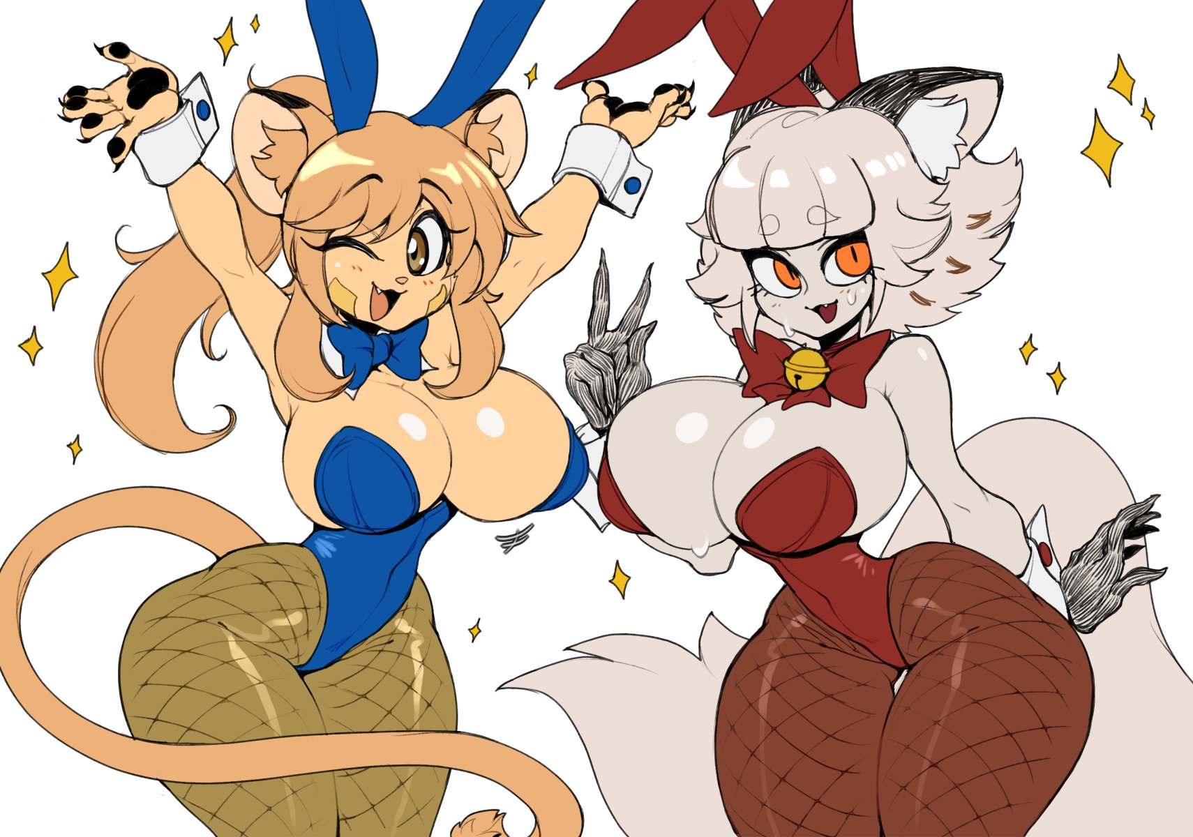 :3, 2girls, anthro, armpits, arms up, ass, bell, bell collar, bowtie, breasts, bunny ears, bunnysuit, cat girl, cat tail, catgirl, catmaid (dizzyspells), clothed, clothing, cute fang, detached collar, detached sleeves, dizzyspells, fang, female, female only, fishnets, fully clothed, furry, goya (lucyfercomic), hourglass figure, huge ass, humanoid, leotard, one eye closed, original character, pantyhose, solo, standing, thick thighs, thigh gap, thin waist, v, wide hips, wink, wrist cuffs, yellow fur