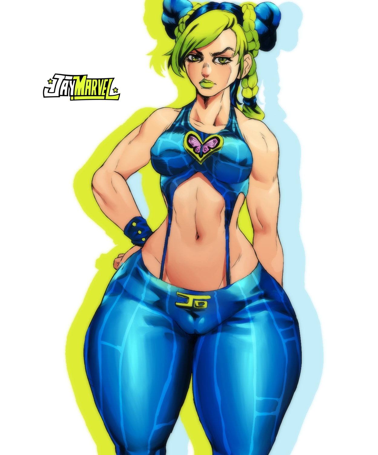 1girls, 2021, ass, big ass, blue hair, breasts, female, female only, green eyes, green hair, green lipstick, huge ass, jay-marvel, jojo's bizarre adventure, jolyne kujo, looking at viewer, narrow shoulders, shounen jump, solo, stone ocean, thick thighs, thin waist, two-tone hair, wide hips