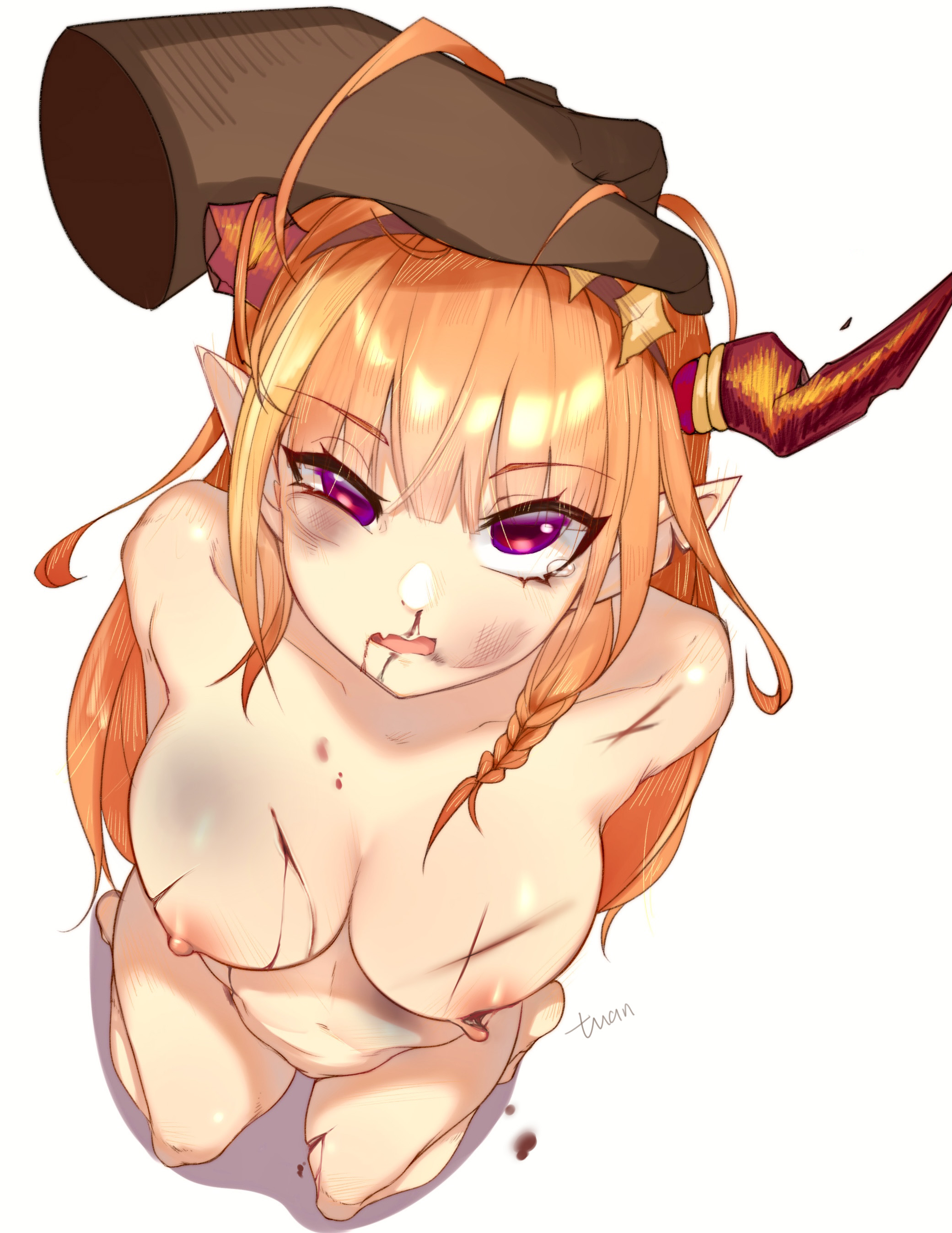 1boy, 1girls, abuse, artist name, artist request, asymmetrical horns, blood, bloody nose, braid, broken horn, broken horns, bruise, bruised, chipped horn, completely nude, crying, cuts, disembodied hand, female, female focus, gore, hand on head, headpat, high-angle view, holding head, holoforce, hololive, hololive japan, horn breaking, horns, kiryu coco, kneeling, long hair, looking at viewer, looking up, male, nosebleed, nude, nude female, open mouth, orange hair, orange horn, purple eyes, ryona, solo focus, source request, tears, torture, virtual youtuber, white background, youtube