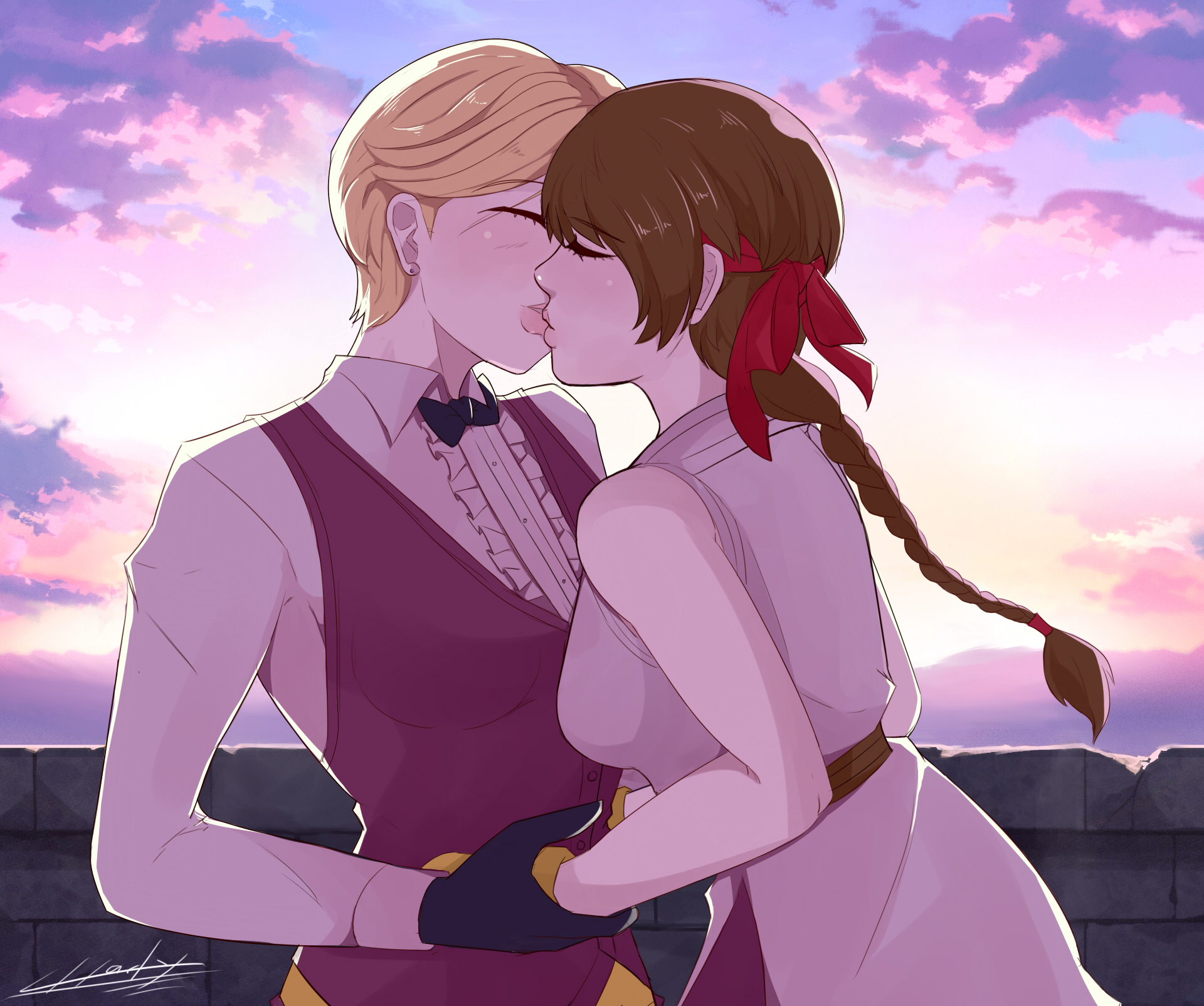 art of fighting, bottomwear, charlyarts10 (artist), clothing, female, female only, handwear, human, king (snk), king of fighters, kissing, snk, topwear, tuxedo, yuri, yuri sakazaki