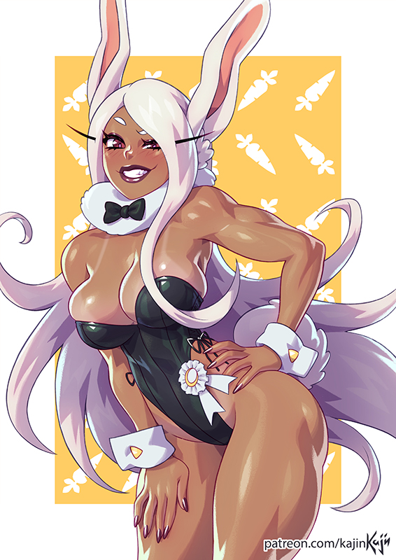 1girls, big breasts, blush, breasts, bunny ears, bunny girl, bunnysuit, cleavage, dark skin, dark-skinned female, female, female only, kajinman, large breasts, looking at viewer, miruko, muscles, muscular, muscular female, my hero academia, rabbit humanoid, rumi usagiyama, solo, thick thighs, wide hips