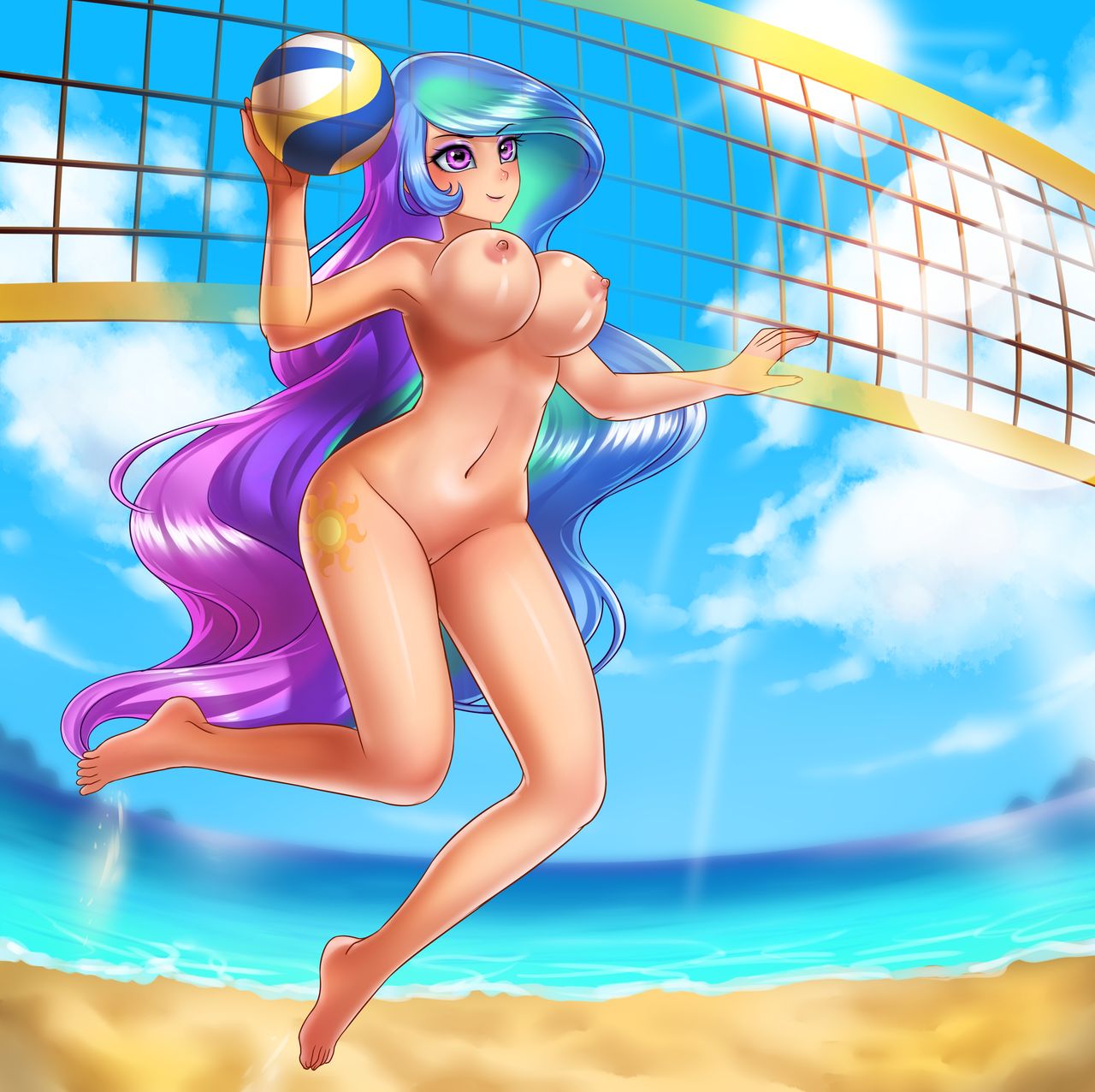 areolae barefoot beach breasts cutie_mark human humanized jump jumping multicolored_hair my_little_pony naked nipples not_furry nude princess_celestia_(mlp) pussy racoonkun smile smooth_skin underboob volleyball