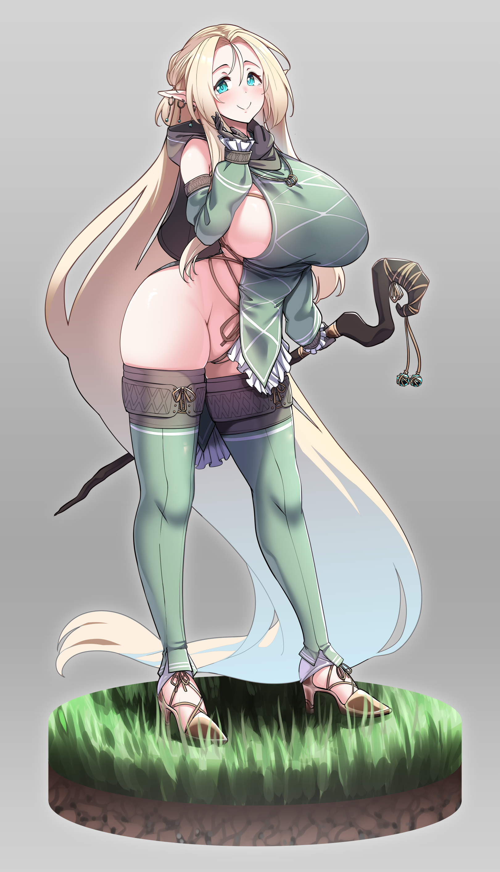 1girls, absurdres, aqua eyes, ass, blonde hair, breasts, earrings, elbow gloves, elf, female, frills, gloves, high heels, highres, huge breasts, jewelry, konoshige (ryuun), long hair, looking at viewer, original, original character, piercing, pointy ears, ryuun (stiil), sideboob, skindentation, smile, solo, staff, standing, thighhighs