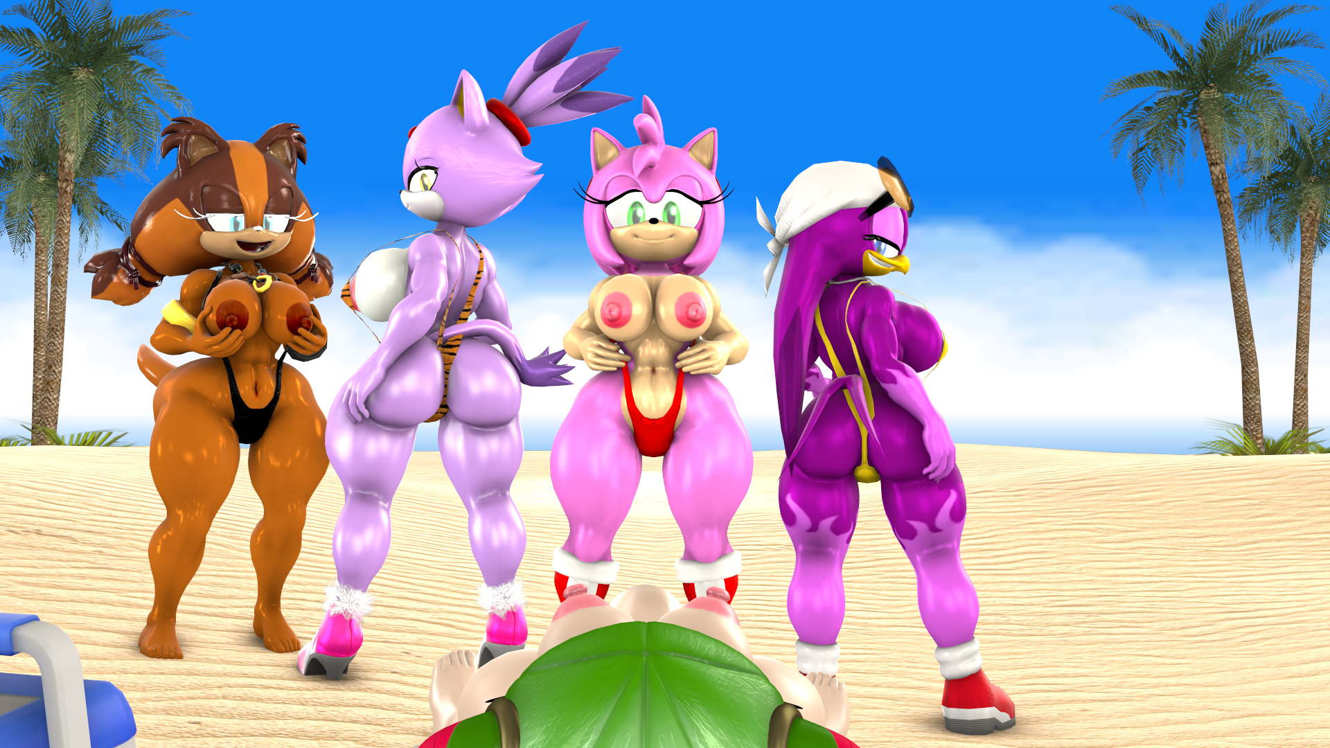 3d, 3d (artwork), 4girls, alien, amy rose, anthro, avian, badger, beach, bird, blaze the cat, blueapple, bra, breasts, brown body, cosmo the seedrian, domestic cat, female, hedgehog, jewelry, kabalmystic (style), orange body, panties, pink body, pose, purple body, sega, sonic (series), sonic boom, sonic riders, sonic the hedgehog (series), sonic x, sticks the badger, sticks the jungle badger, sticks the tejon, tan body, tree, wave the swallow