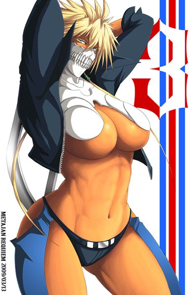 1girls, 2009, abs, alternate costume, angel (kof), arrancar, bleach, blonde hair, blue jacket, breasts, clothing, dark skin, dark-skinned female, female, fit, fit female, green eyes, hands behind head, kei suwabe, king of fighters, large breasts, looking at viewer, navel, no bra, no pants, pinup, sideboob, simple background, snk, tan skin, tia harribel, underboob, white background
