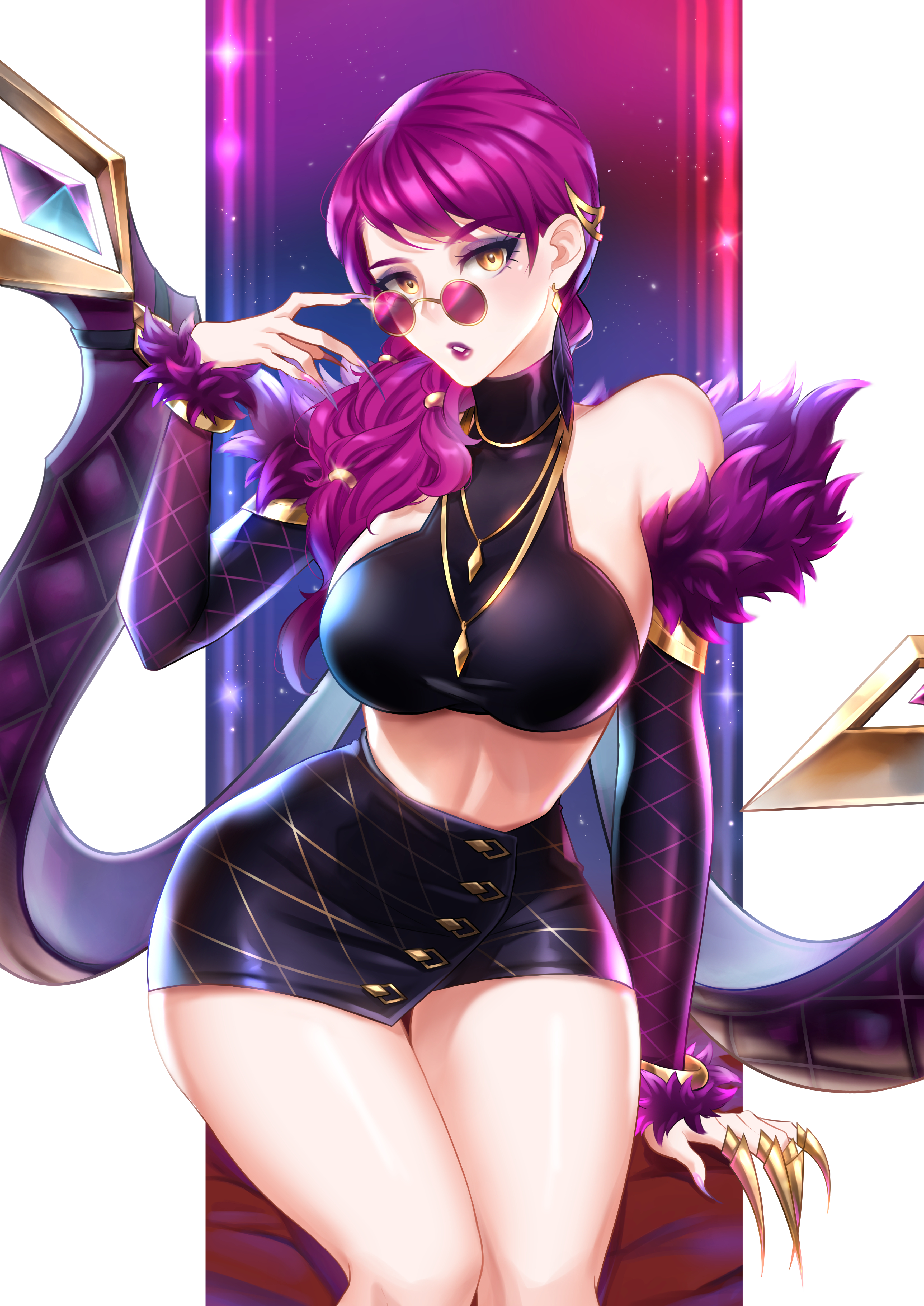 1girls, adjusting eyewear, adjusting glasses, breasts, demon, evelynn, female, glasses, huge breasts, k/da evelynn, k/da series, league of legends, long fingernails, looking over eyewear, looking over glasses, looking over sunglasses, pmolita (artist), purple hair, purple-tinted eyewear, short skirt, succubus, sunglasses, tagme, thick thighs, tinted eyewear, wide hips, yellow eyes