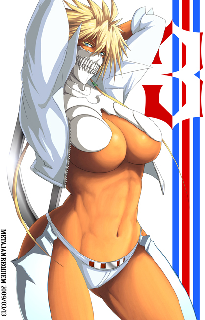 2009, arrancar, bleach, blonde hair, breasts, clothing, dark skin, dark-skinned female, female, green eyes, kei suwabe, looking at viewer, no pants, pinup, sideboob, simple background, tan skin, tia harribel, underboob, white background, white jacket, white panties