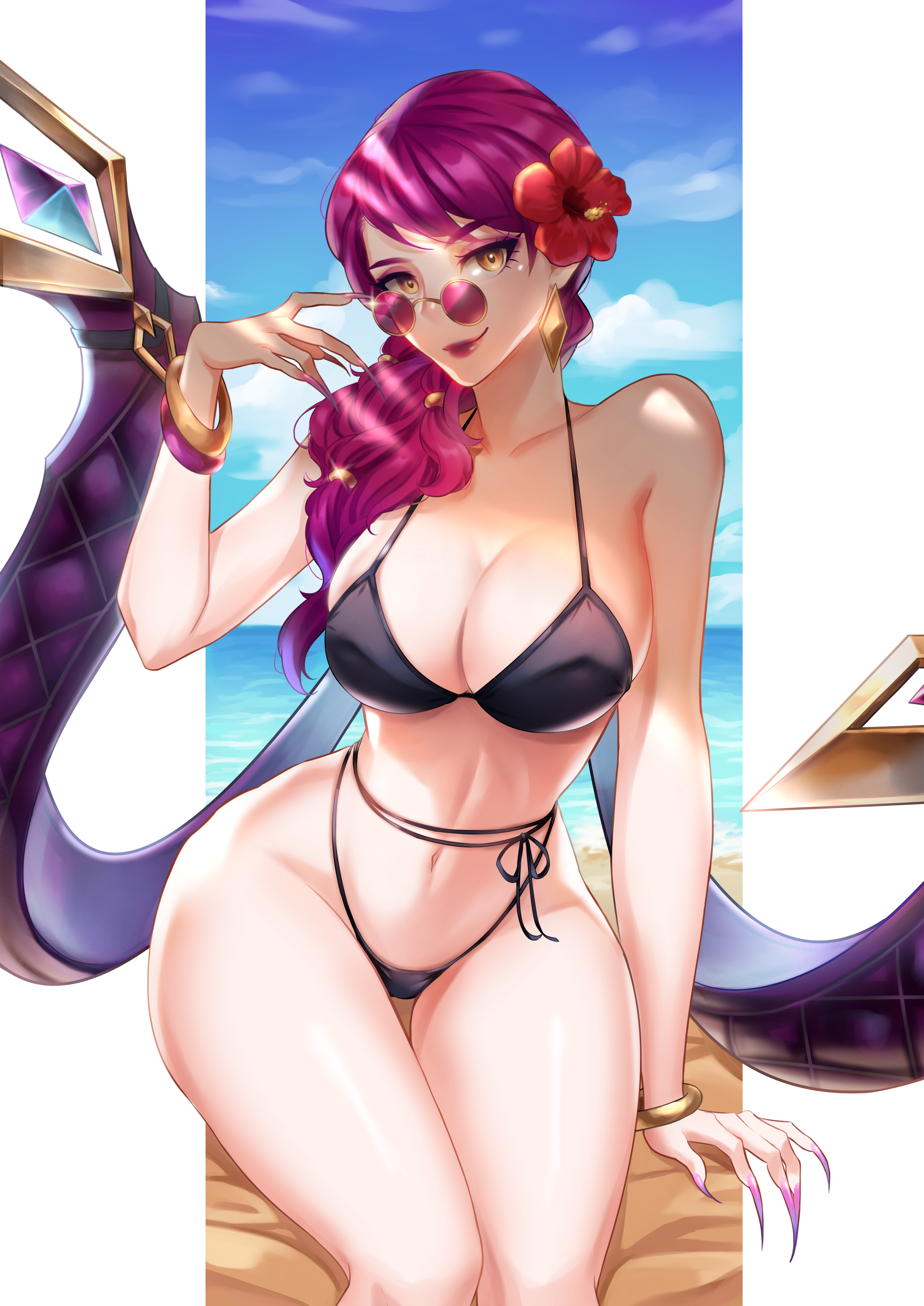 1girls, adjusting eyewear, adjusting glasses, beach, bikini, breasts, demon, evelynn, female, glasses, huge breasts, k/da evelynn, k/da series, league of legends, long fingernails, looking over eyewear, looking over glasses, looking over sunglasses, pmolita (artist), purple hair, purple-tinted eyewear, smile, succubus, sunglasses, tagme, thick thighs, tinted eyewear, wide hips, yellow eyes
