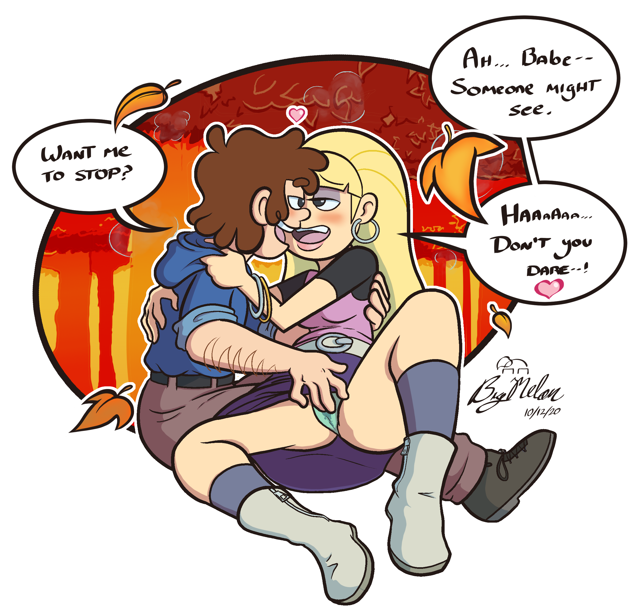 1boy, 1girls, 2020, aged up, autumn, bangs, bigmelonart, blonde hair, blush, boots, brown hair, dialogue, dipcifica, dipper pines, disney, disney channel, disney xd, embrace, english text, fanon couple, female, fingering, foreplay, gravity falls, light skin, light-skinned female, light-skinned male, long hair, male, nonude, pacifica northwest, public, romantic, romantic couple, short hair, smirk, spread legs, straight, straight hair, text, upskirt, wholesome