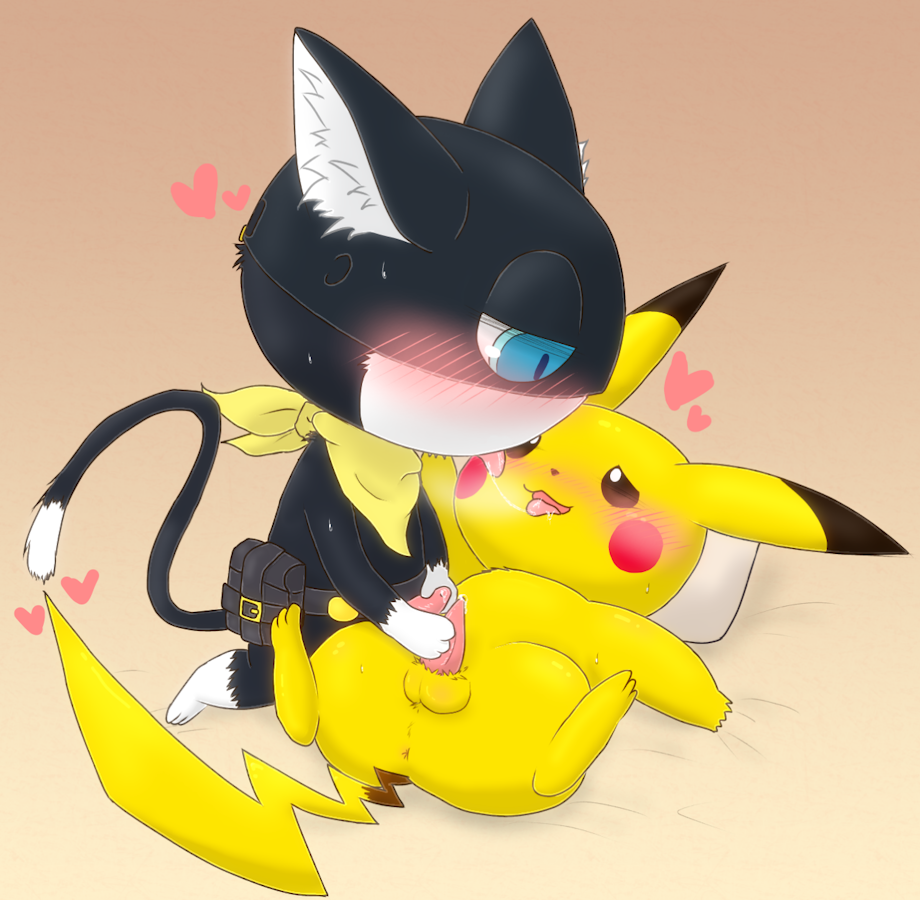 2boys anthro anus balls blue_eyes blush feline fur furry furry_only game_freak gay heart male male_only masturbation morgana_(persona) namoke nintendo penis persona persona_5 pikachu pokémon_(species) pokemon sweat tail tongue_out yaoi