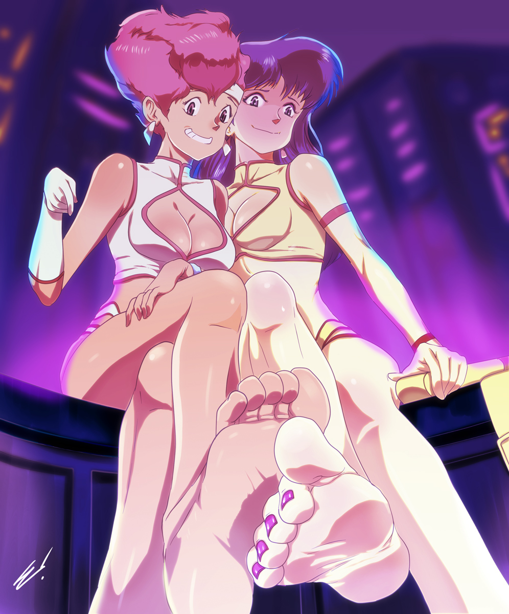 2girls barefoot breasts brown_hair cleavage dirty_pair duo feet female kei_(dirty_pair) purple_eyes purple_hair purple_nails red_hair scamwich soles toes yuri_(dirty_pair)