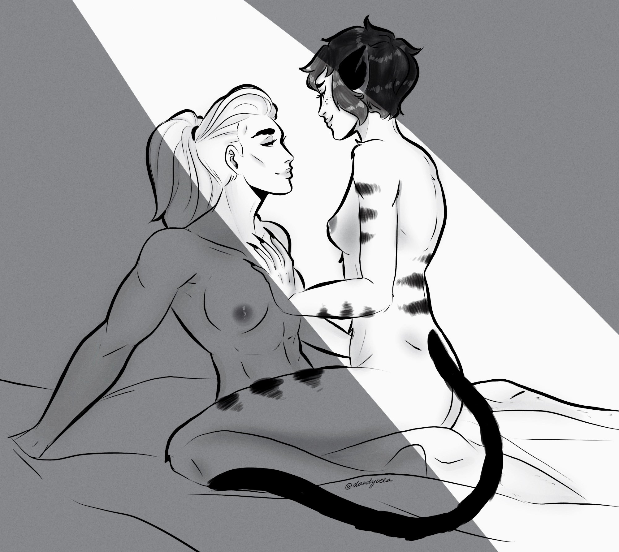 2girls, abs, adora, areolae, black and white, breasts, canon couple, cat ears, cat girl, catgirl, catra, cheekbones, claws, couple, dandyvela, female, female only, freckles, fur, long hair, muscular, muscular female, nipples, nude, ponytail, romantic, romantic couple, she-ra and the princesses of power, short hair, sitting on lap, small breasts, smile, straight hair, tail, thick eyebrows, tied hair, wholesome, yuri