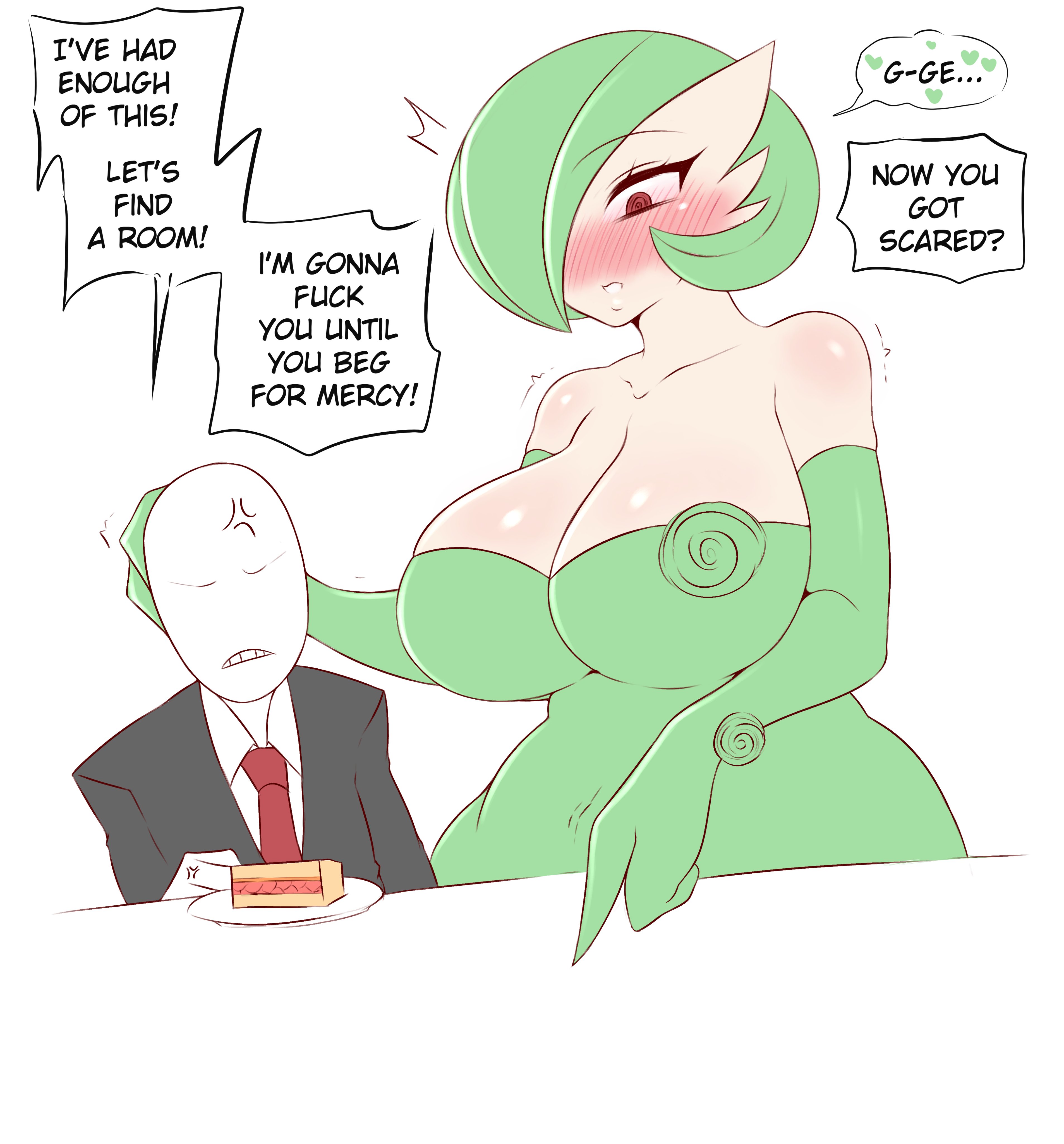 1boy, 1girls, angry, anon, anonymous male, big breasts, blush, breasts, clothed, clothing, dialogue, english text, female, female pokemon, gardevoir, green hair, human on pokemon, larger female, male, nintendo, pokémon (species), pokemon, pokemon (species), saltyxodium, simple background, size difference, speech bubble, text