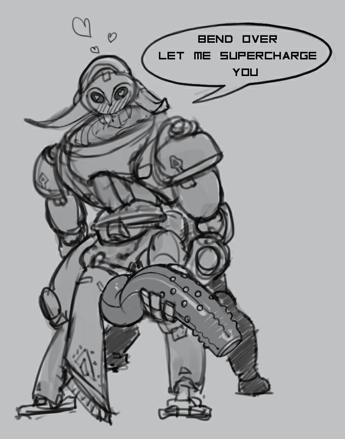 2d, animal genitalia, animal penis, blizzard entertainment, blush, dialogue, dickgirl, duo, english text, equine penis, futanari, greyscale, horsecock, humanoid, intersex, lewdliquidn, liquidn, living machine, machine, monochrome, omnic, orisa, overwatch, penis, robot, source request, speech bubble, talking to viewer, taur, text, video games