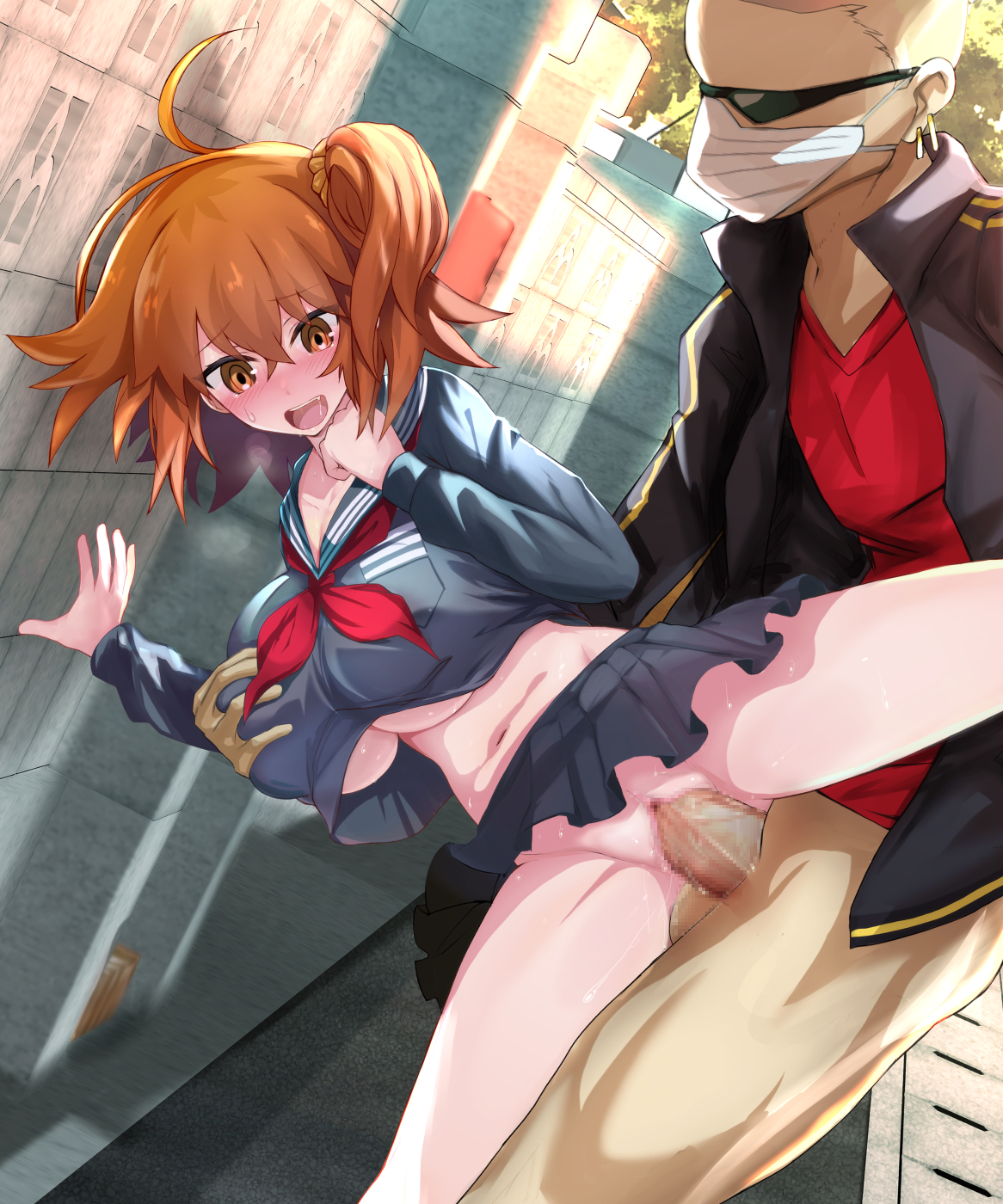 1boy, ahoge, asymmetrical hair, bare thighs, blush, breast grab, breasts, censored, clothed sex, fate (series), fate/grand order, female, female protagonist, fujimaru ritsuka (female), grabbing, groping, hair scrunchie, high resolution, koohii koucha maru, large breasts, male, mosaic censoring, one side up, orange eyes, orange hair, outdoor nudity, outdoor sex, outdoors, ponytail, pussy, school uniform, scrunchie, sex, side ponytail, splits, standing, standing on one leg, thighs, tied hair, uniform, vaginal penetration, vertical splits