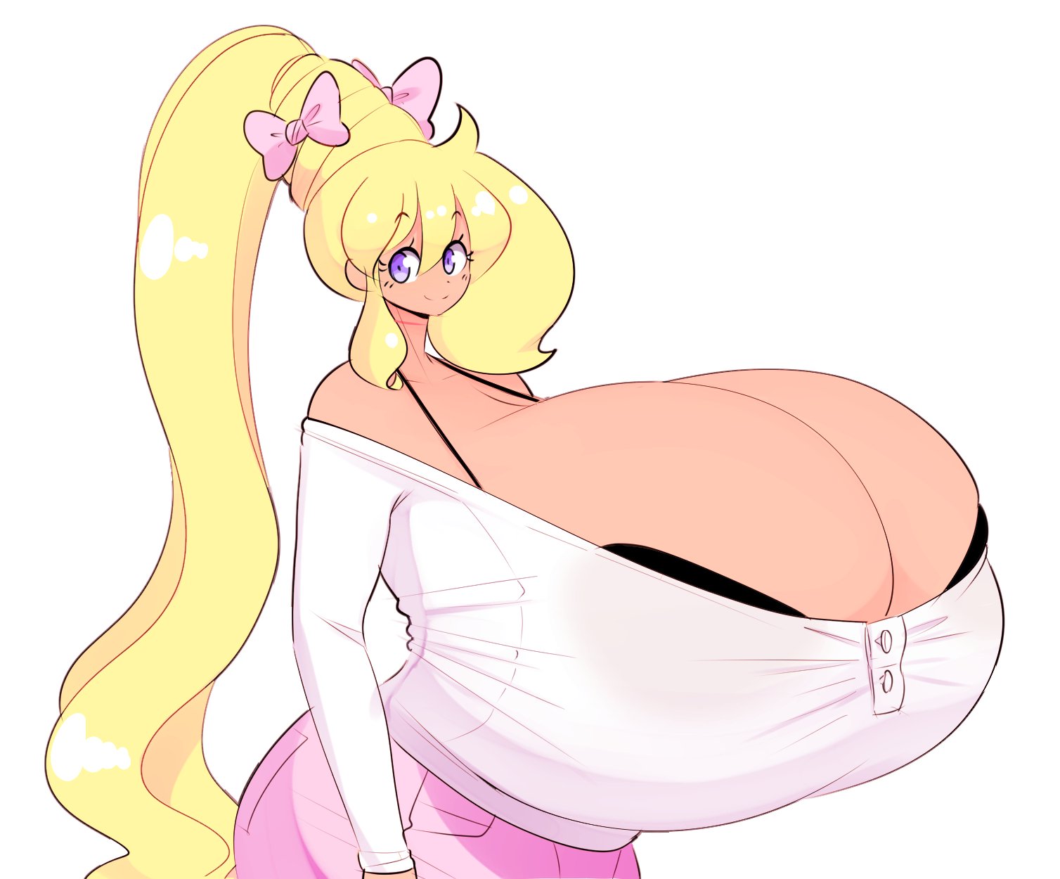 1girls, ass, big ass, big breasts, blonde hair, bra, bra cups sticking out, breast focus, breasts, breasts bigger than head, busty, cassie (theycallhimcake), cleavage, female, giant breasts, hair ribbon, huge breasts, hyper, hyper breasts, long hair, looking at viewer, massive breasts, shorts, size fetish, smile, sweater, tan, tan skin, theycallhimcake, top heavy