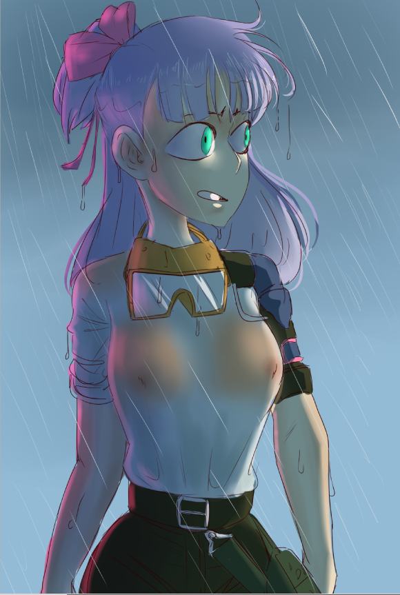 breasts bulma_briefs dragon_ball dragon_ball_(classic) lavender_hair lord_moku raining see-through see-through_shirt shounen_jump teenager wet_t-shirt wild_rider_suit