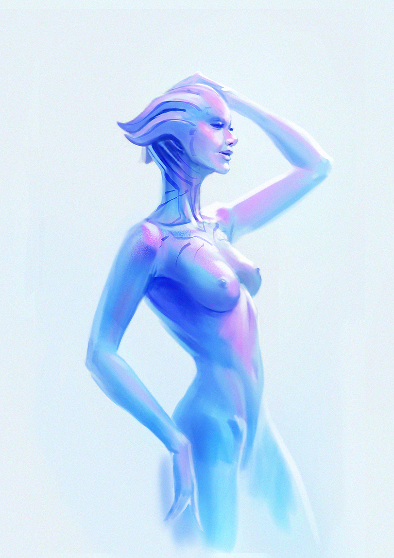 1girls 2d alien asari blue_skin breasts closed_eyes drawing female female_focus female_only hand_on_head luckyfk mass_effect medium_breasts nipples profile solo solo_female solo_focus