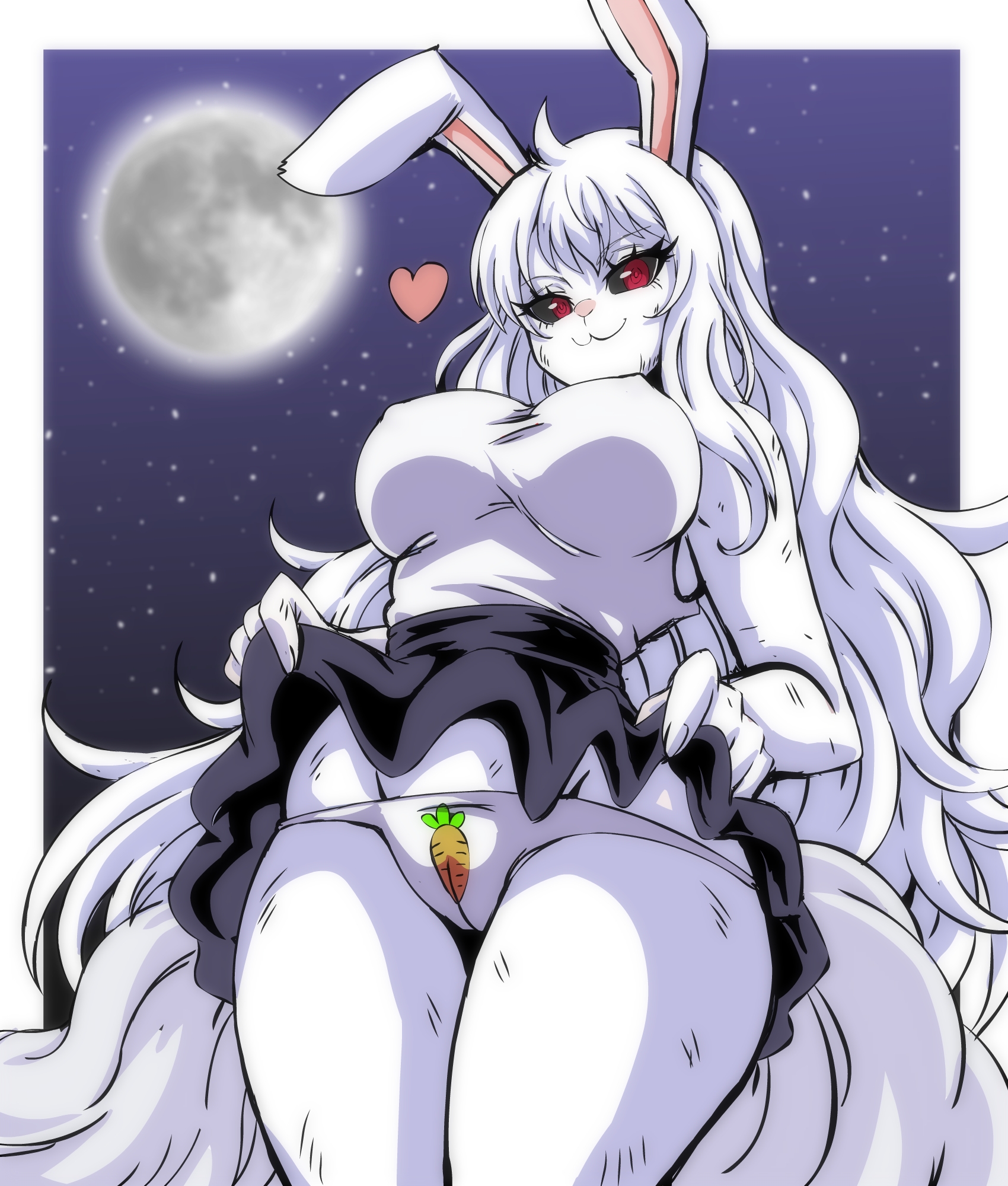 1girls, anthro, black sclera, carrot, carrot (one piece), female, female only, lewdamone, looking at viewer, looking down, night, one piece, panties, print panties, red eyes, skirt, skirt lift, sulong carrot, thighs, white hair, white panties, white-haired female