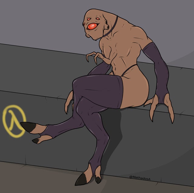 1girls, 2021, 2d, alien, androgynous, armwear, female, female vortigaunt, flat chest, half-life, half-life (series), hi res, highres, lambda symbol, legs crossed, looking at viewer, methados, multi arm, multi eye, multi limb, seductive, sitting, solo, thighhighs, video games, vortigaunt