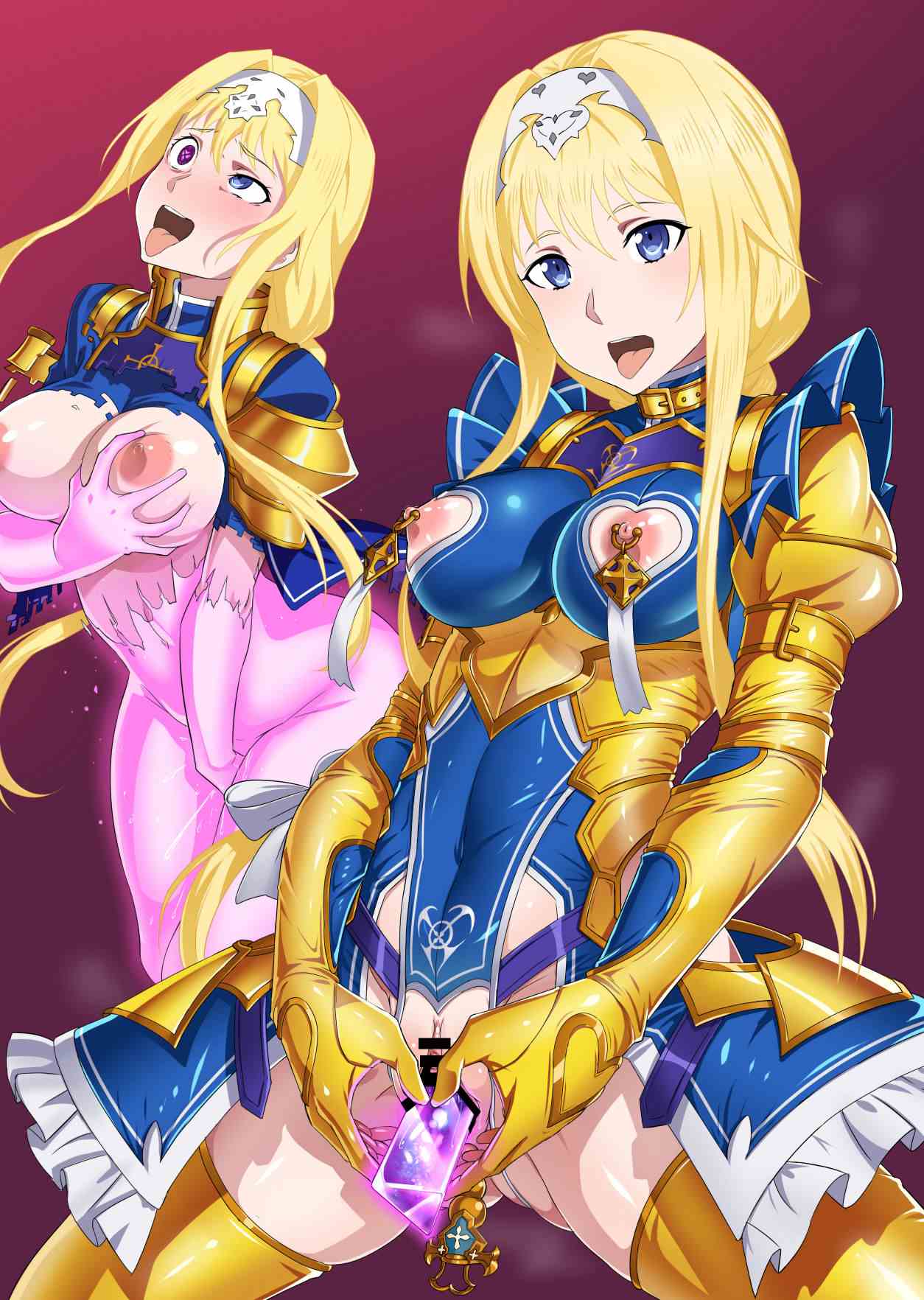 1girls, adapted costume, alice zuberg, anal beads, blonde hair, blue eyes, bondage, corruption, female, gozaru, latex, mind control, pussy, revealing clothes, solo, sword art online, sword art online: alicization, tight clothing, tongue, tongue out, vaginal penetration
